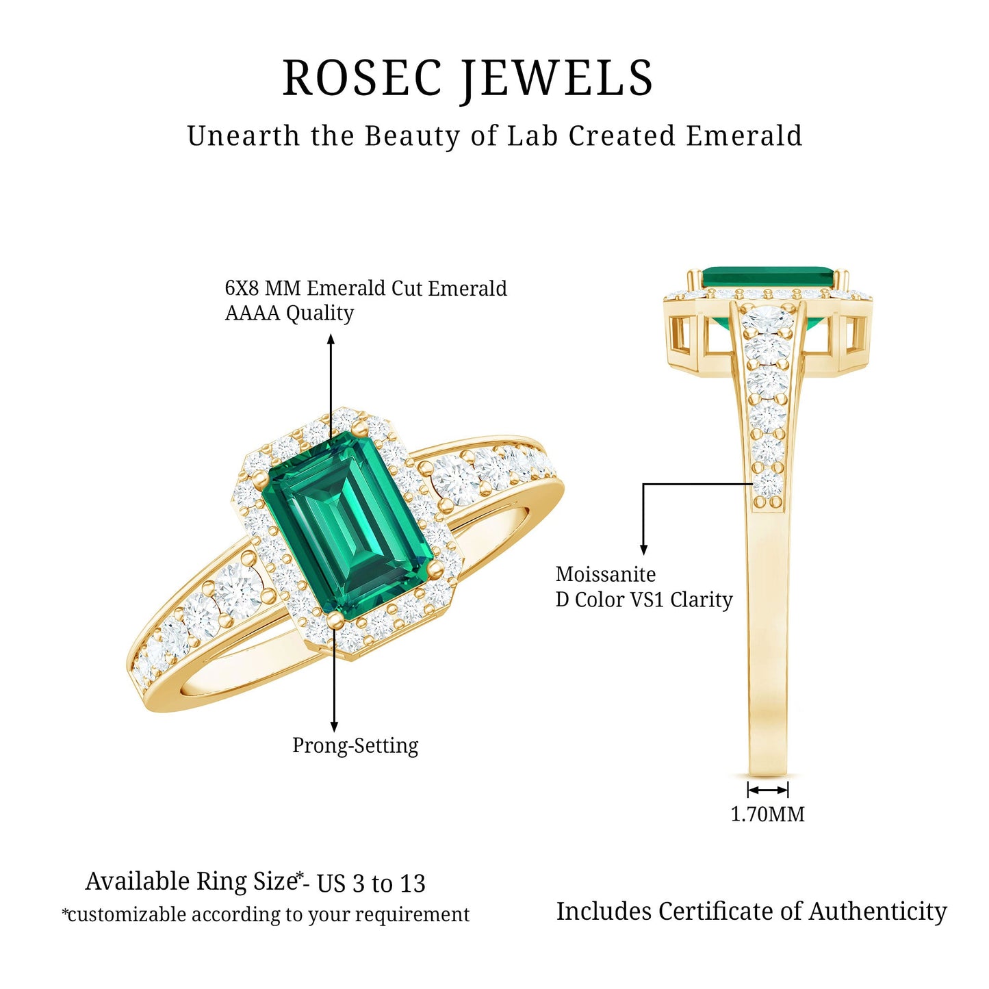 Certified Emerald Cut Lab Grown Emerald Vintage Engagement Ring with Diamond
