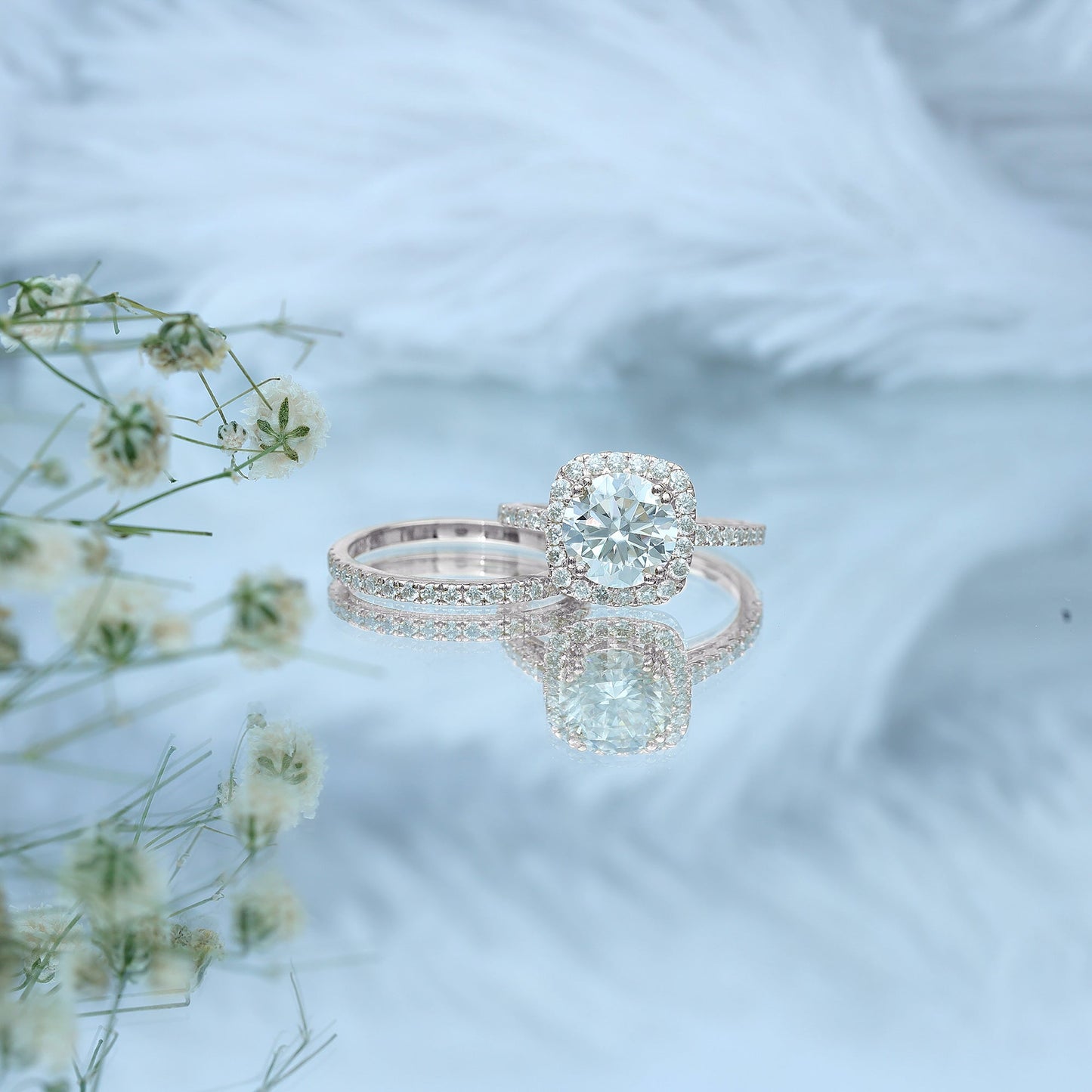 Round Certified Moissanite Wedding Ring Set with Halo