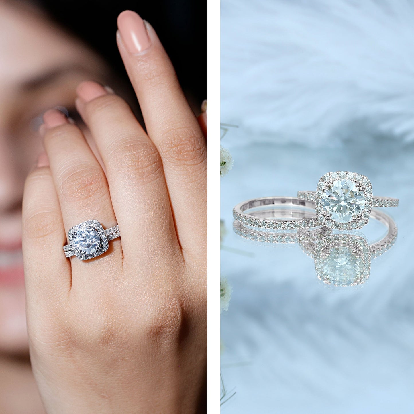 Certified 3.5 Carat Moissanite Wedding Bridal Ring Set of 2 in Silver