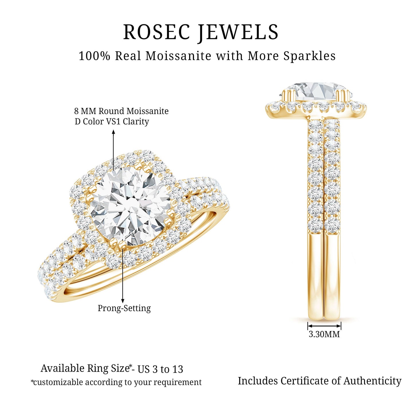Round Certified Moissanite Wedding Ring Set with Halo