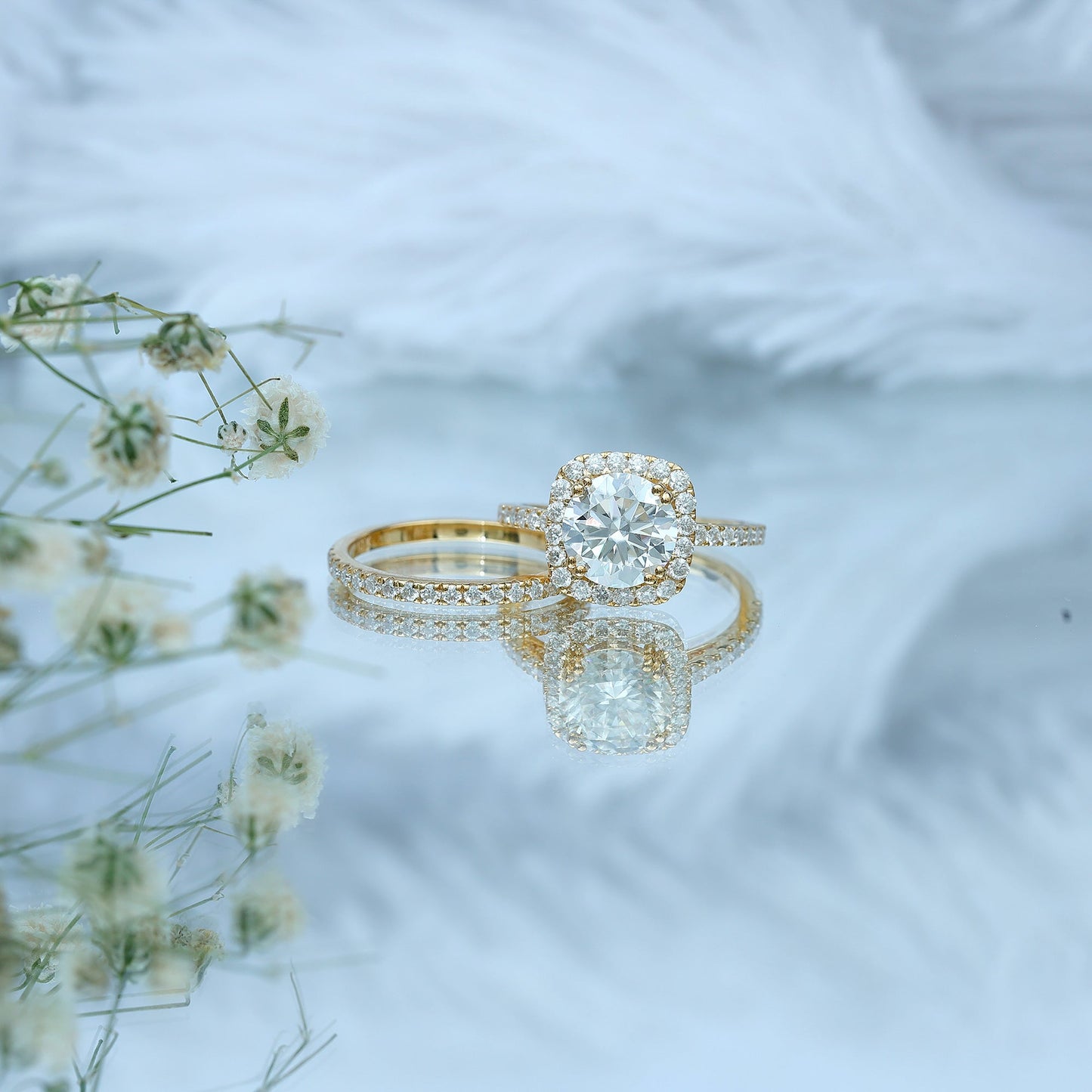 Round Certified Moissanite Wedding Ring Set with Halo