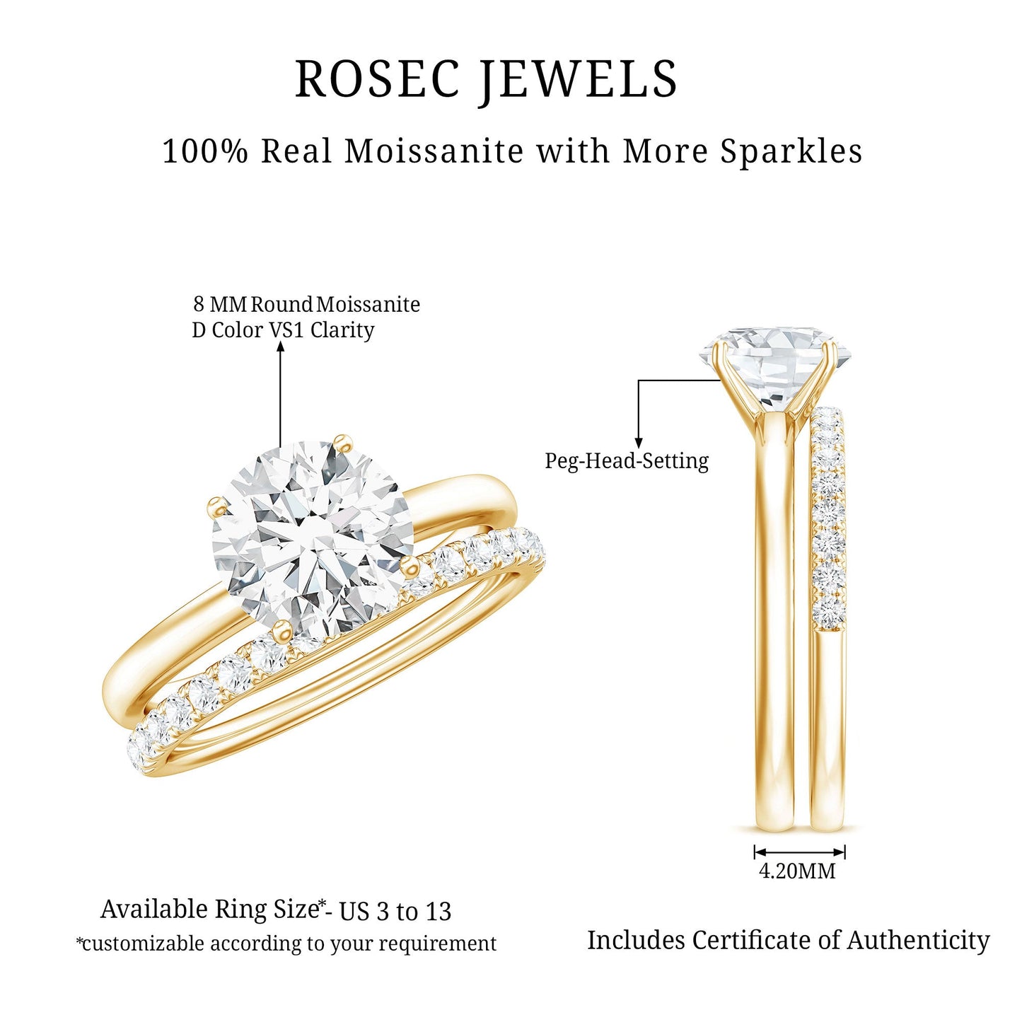 Round Shape Moissanite Solitaire Wedding Ring Set