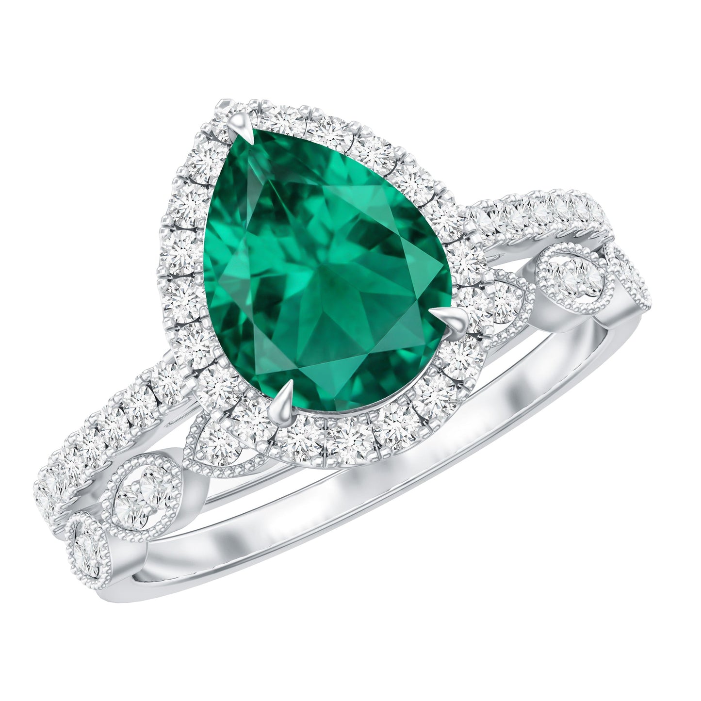 1.7 Carat Lab Grown Emerald Teardrop Ring Set with Natural Diamond