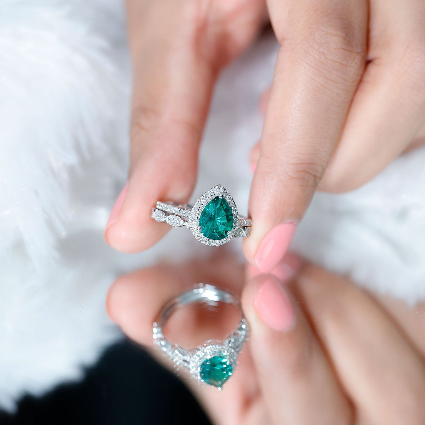1.7 Carat Lab Grown Emerald Teardrop Ring Set with Natural Diamond