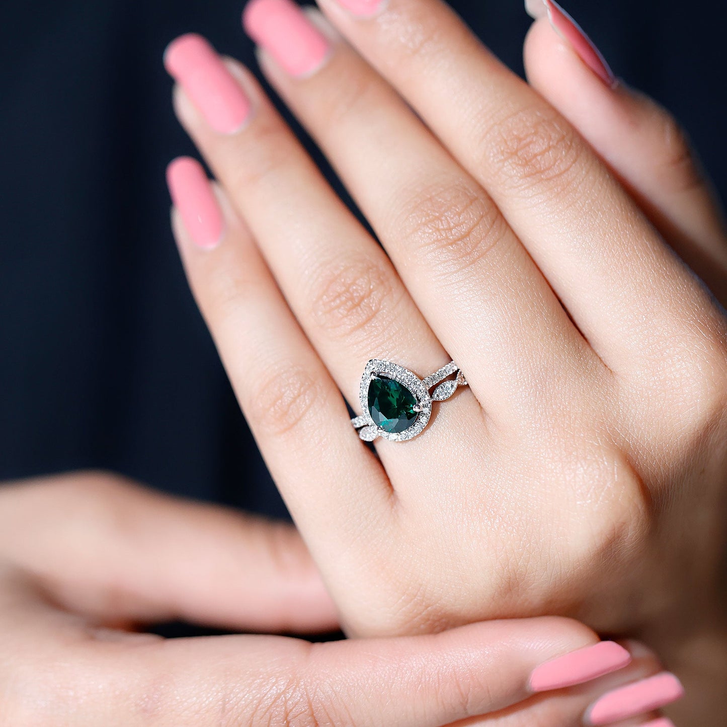 1.7 Carat Lab Grown Emerald Teardrop Ring Set with Natural Diamond