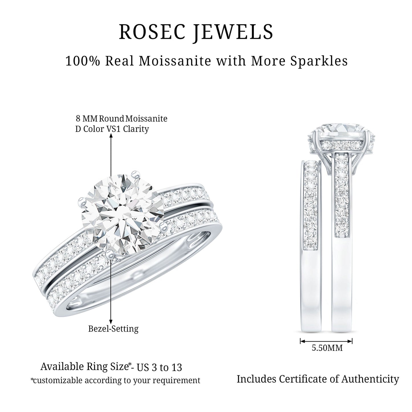 Certified 2 Carat Moissanite Solitaire Wedding Ring Set