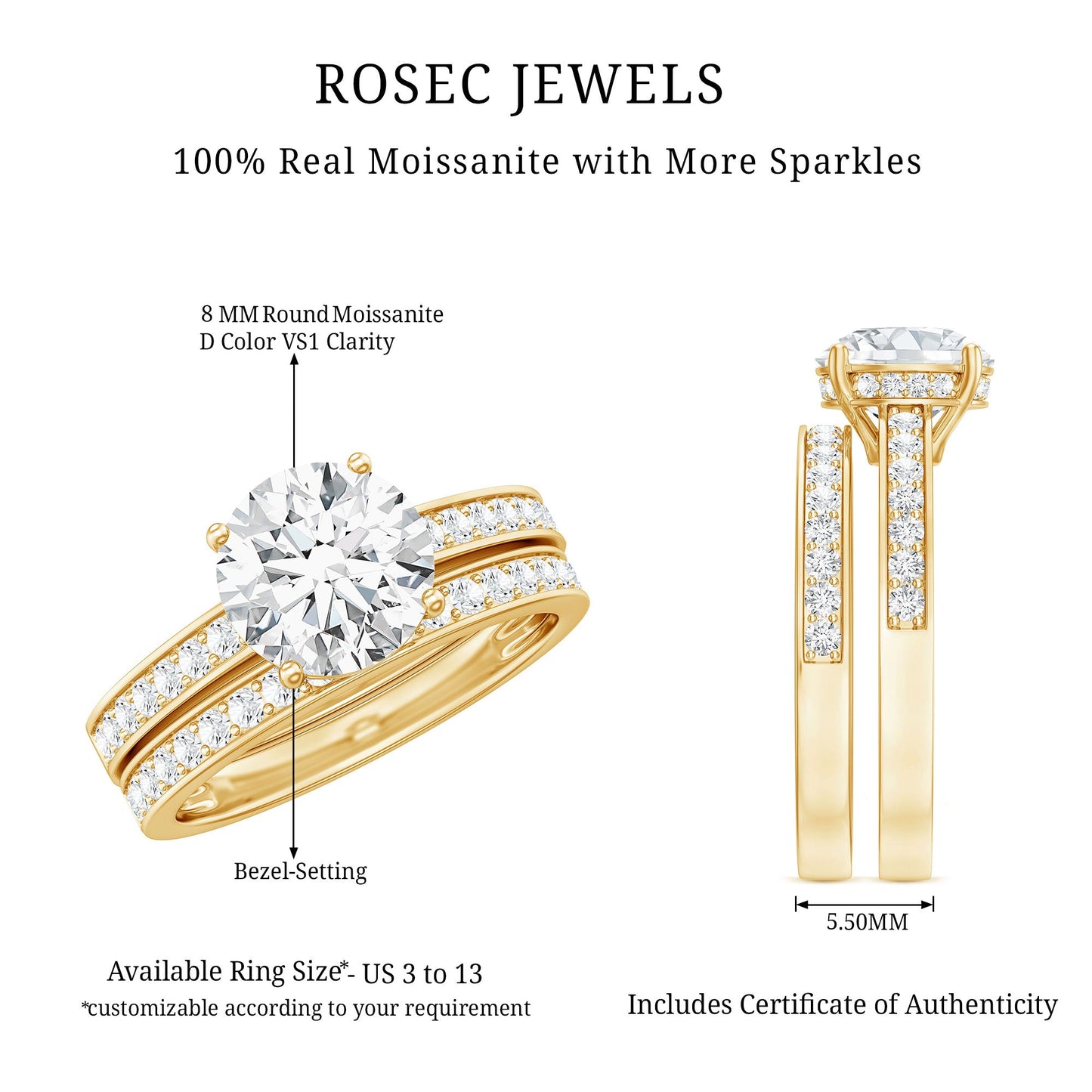 Certified 2 Carat Moissanite Solitaire Wedding Ring Set