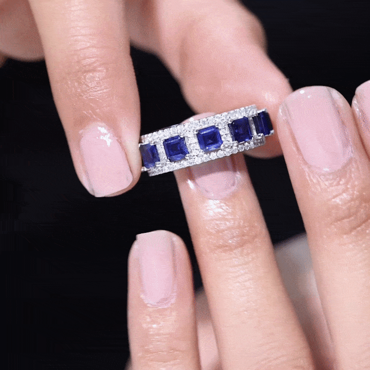Princess Cut Lab Created Blue Sapphire Statement Wedding Band with Moissanite