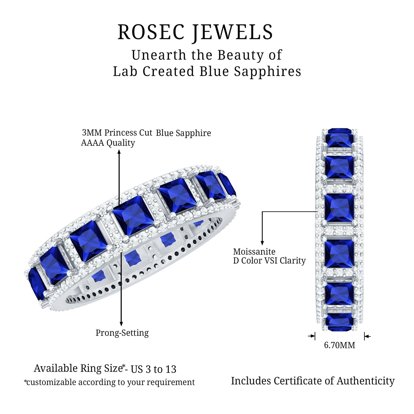 Princess Cut Lab Created Blue Sapphire Statement Wedding Band with Moissanite