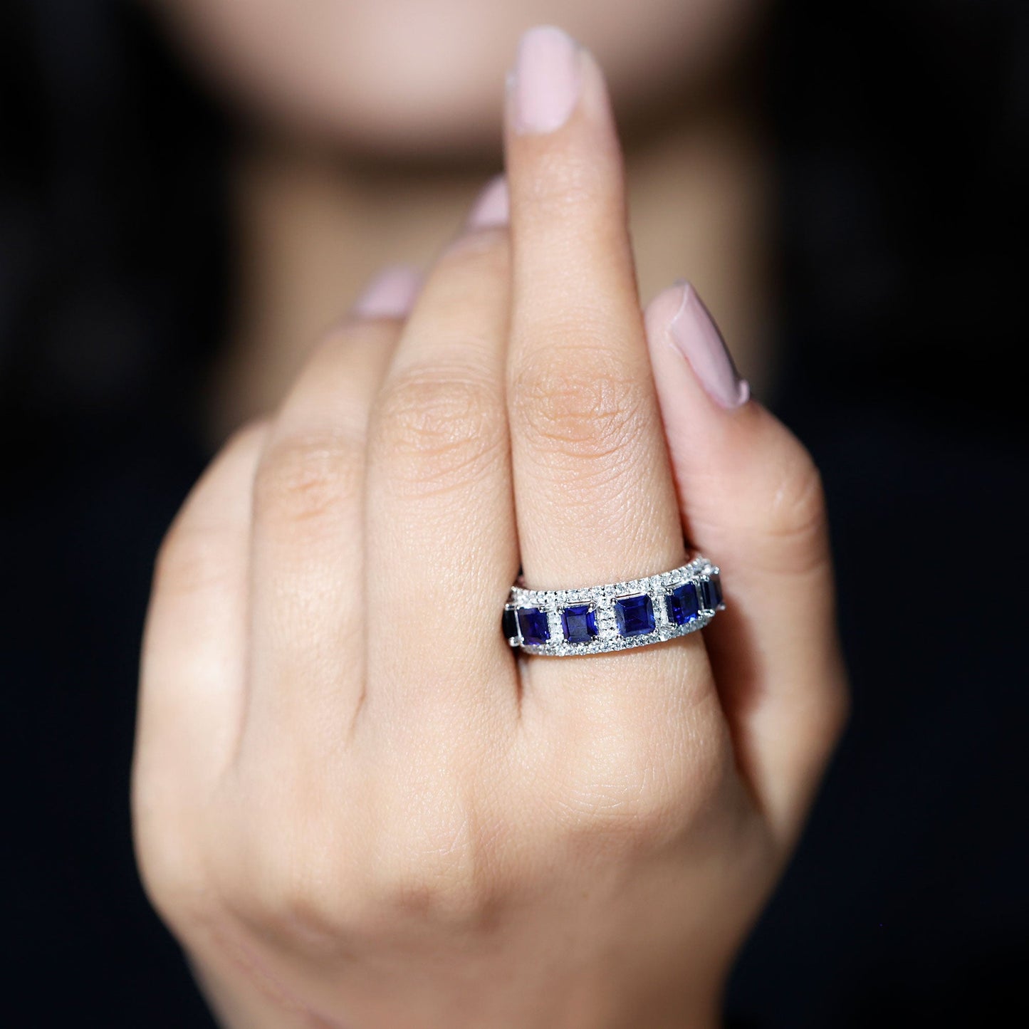 Princess Cut Lab Created Blue Sapphire Statement Wedding Band with Moissanite