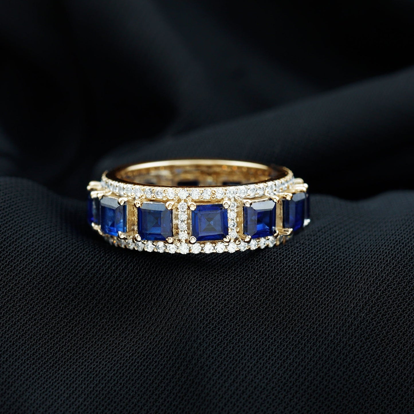 Princess Cut Lab Created Blue Sapphire Statement Wedding Band with Moissanite