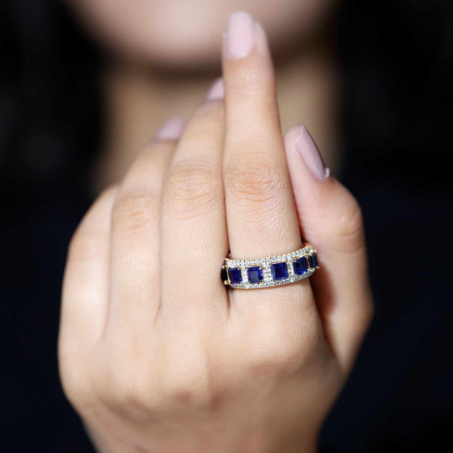 Princess Cut Lab Created Blue Sapphire Statement Wedding Band with Moissanite