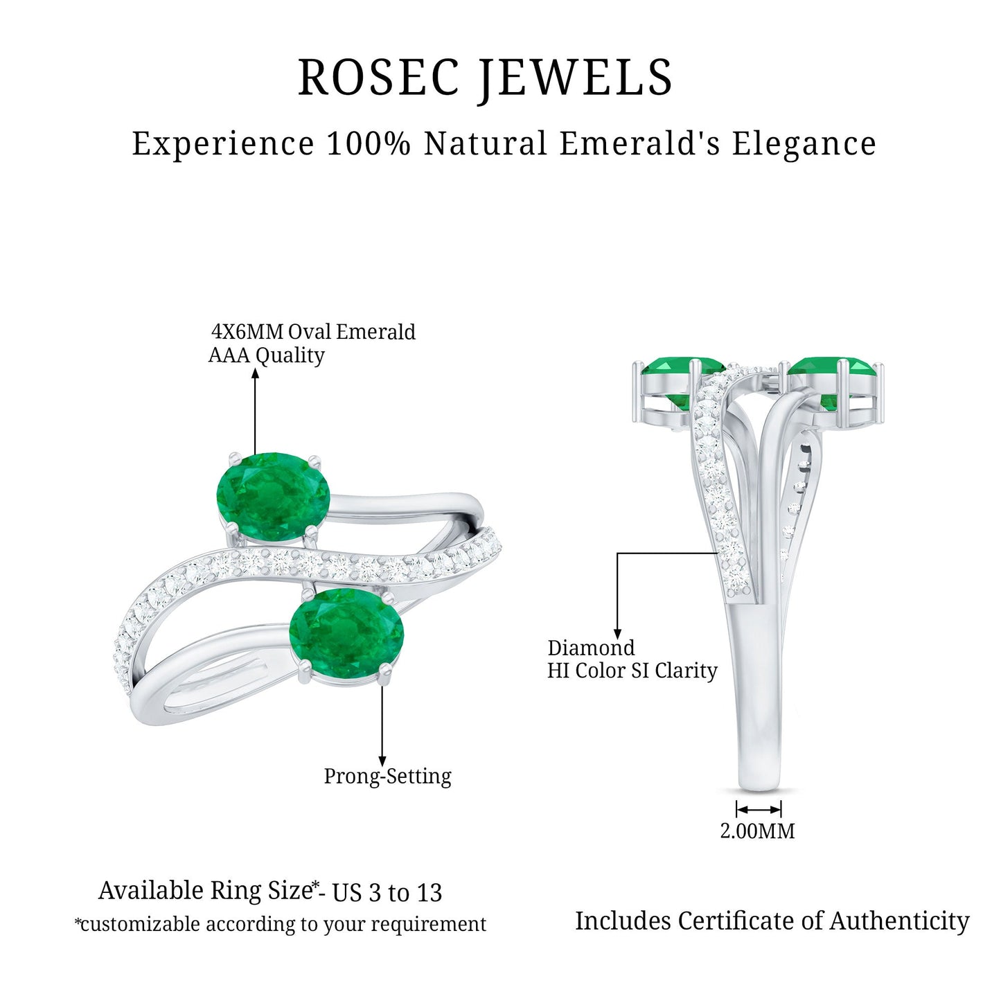 Natural Certified Emerald Two Stone Engagement Ring with Diamonds