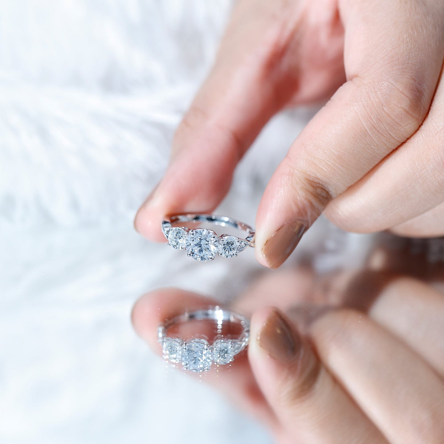 3 Stone Round Moissanite Crossover Engagement Ring