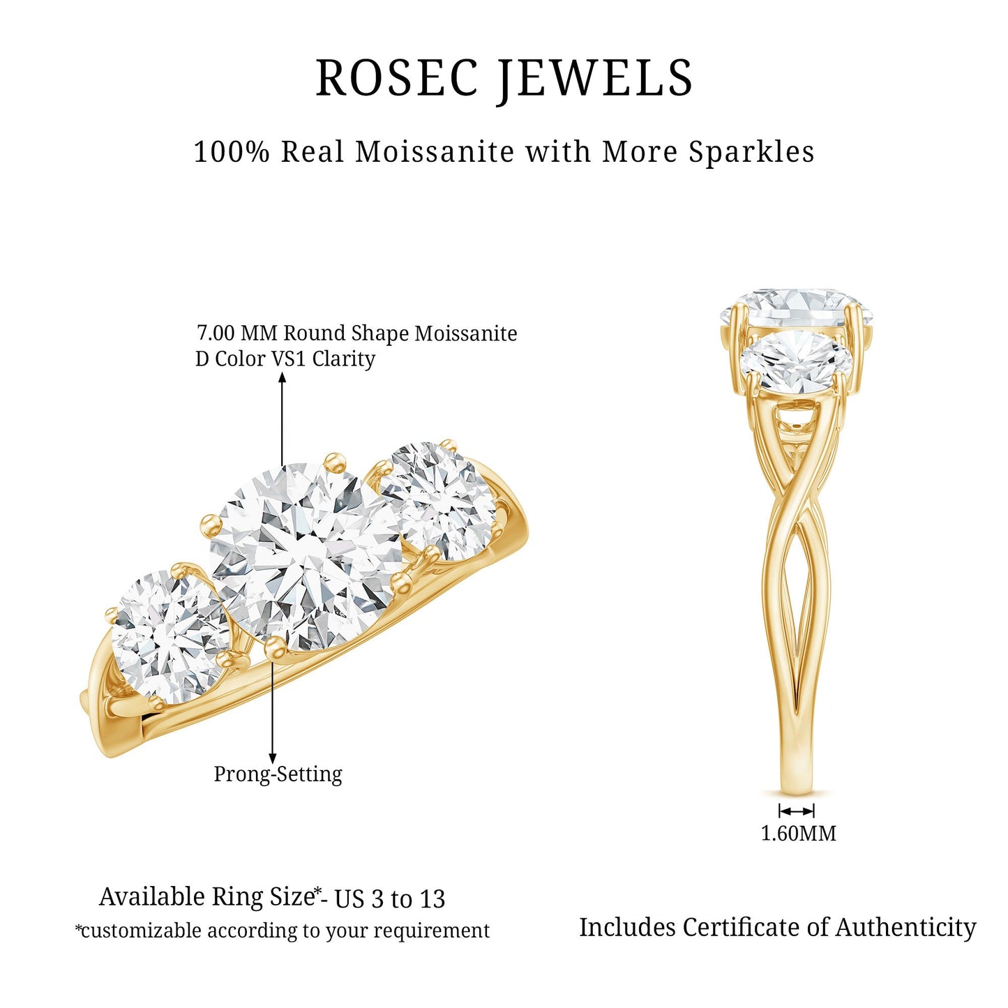 3 Stone Round Moissanite Crossover Engagement Ring