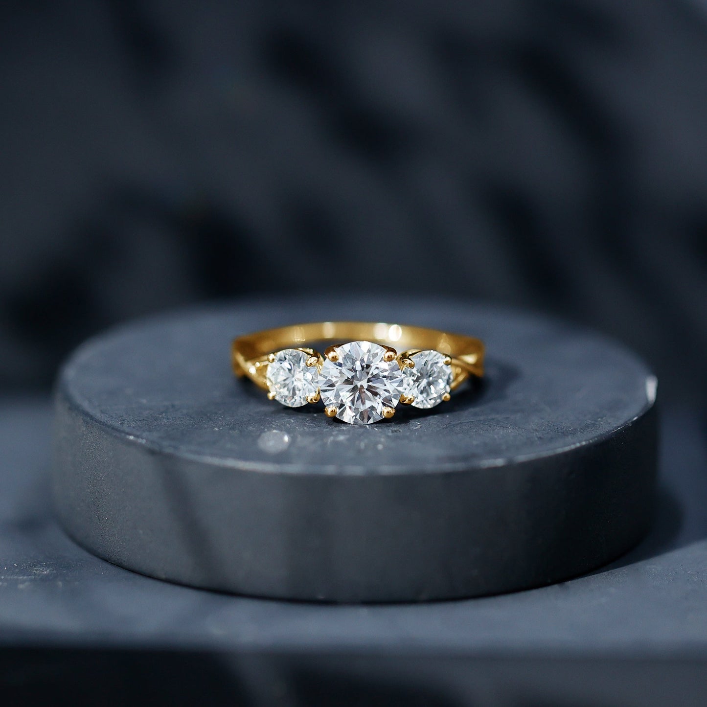 3 Stone Round Moissanite Crossover Engagement Ring