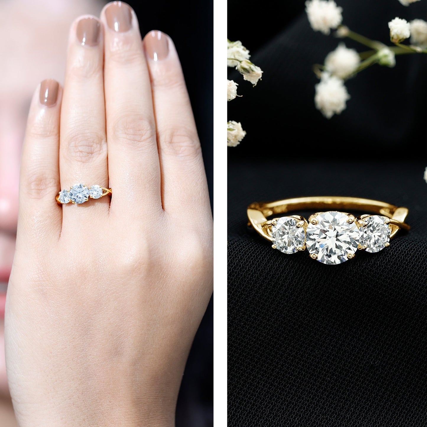 3 Stone Round Moissanite Crossover Engagement Ring