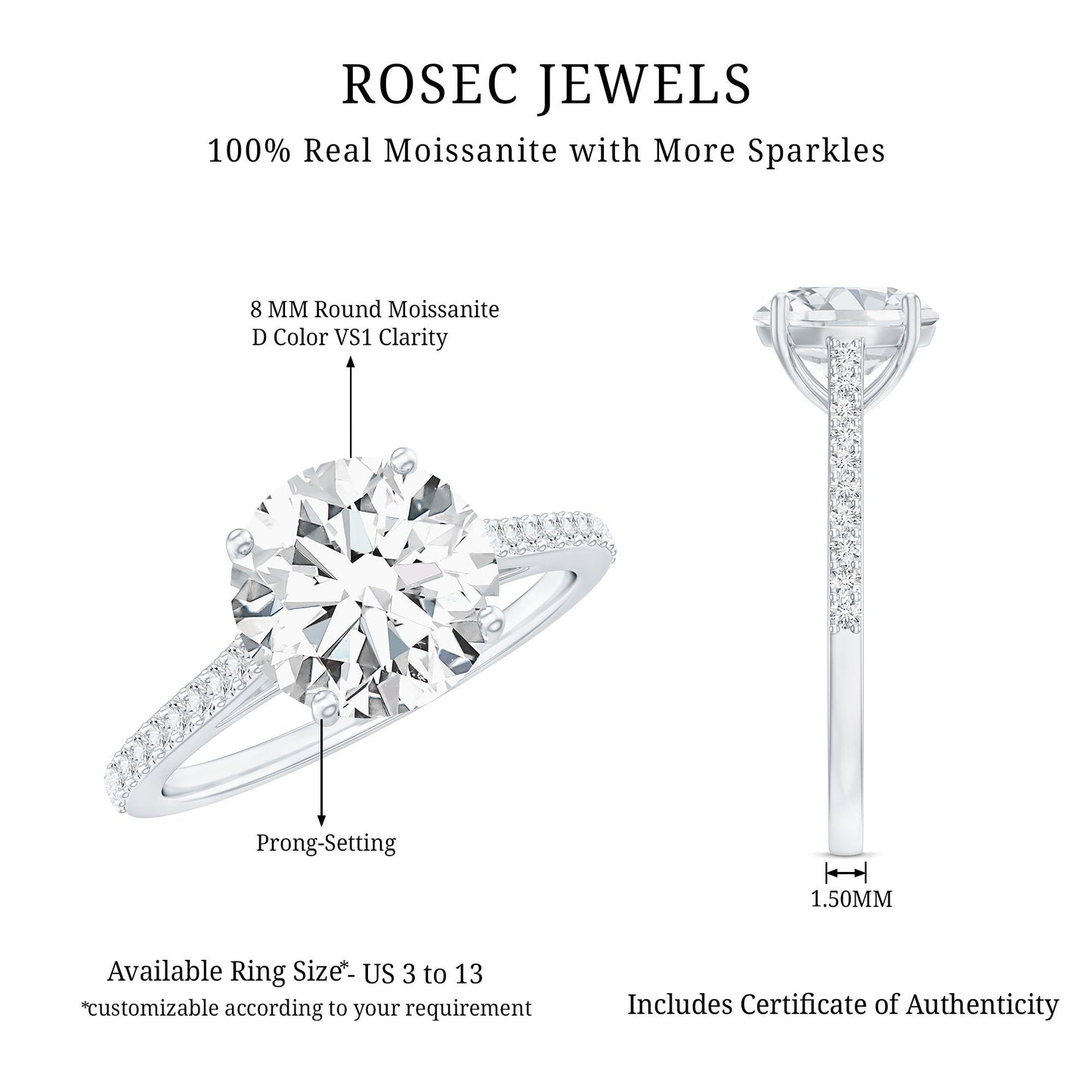 Certified Moissanite Round Cut Solitaire Ring with Side Stones