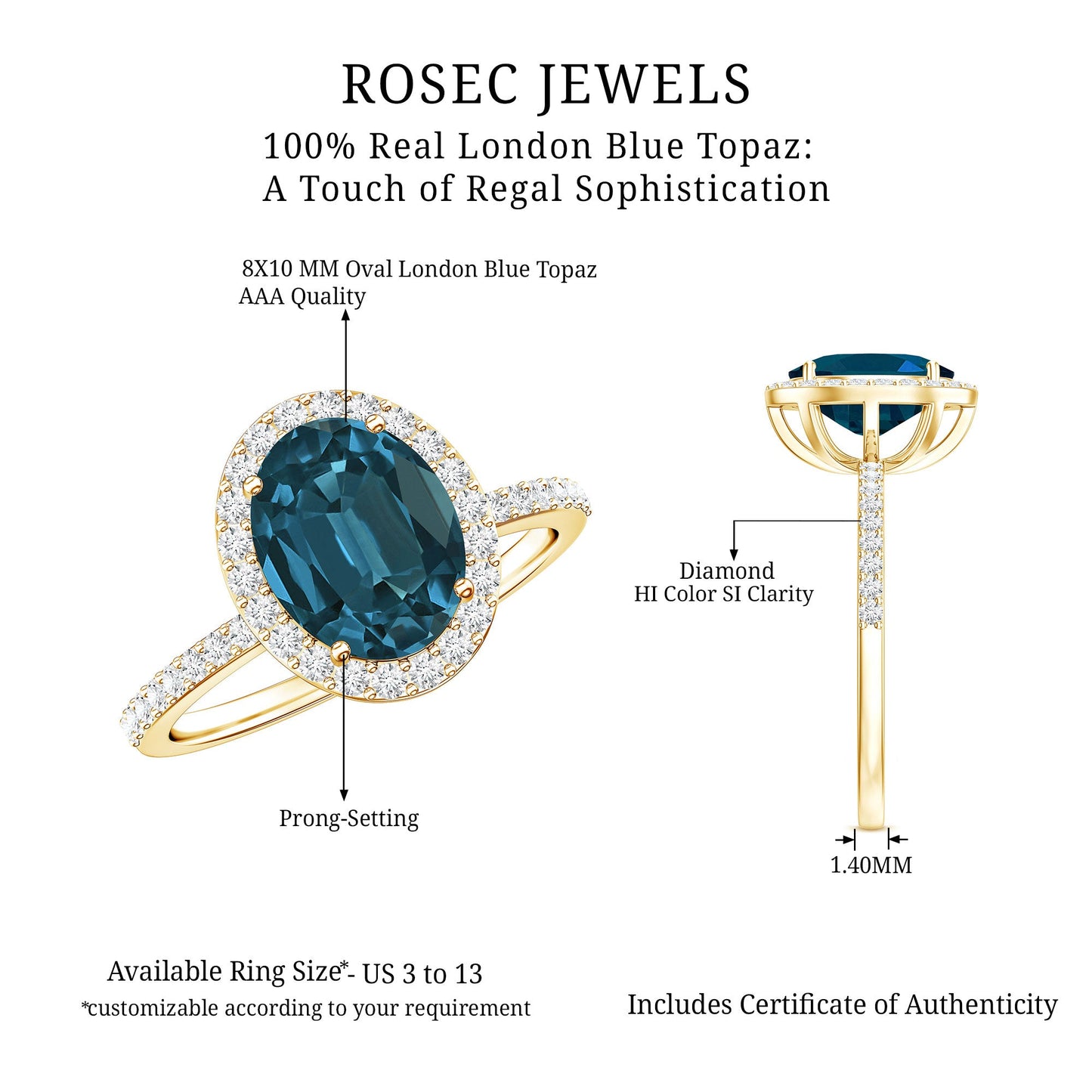 2.5 Carat Oval Cut London Blue Topaz Oblong Engagement Ring with Diamond Halo