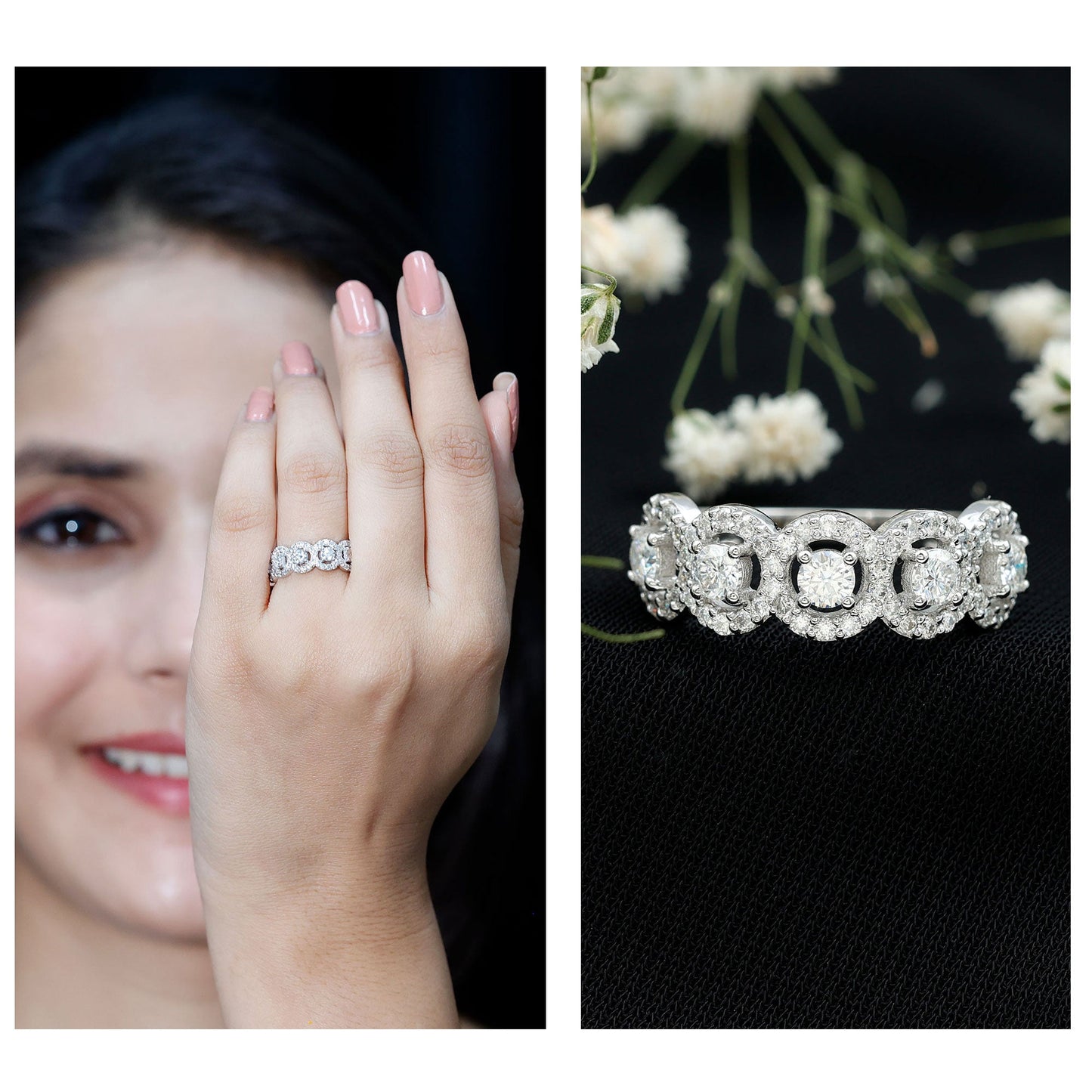 Certified Round Cut Moissanite Halo Classic Band Ring