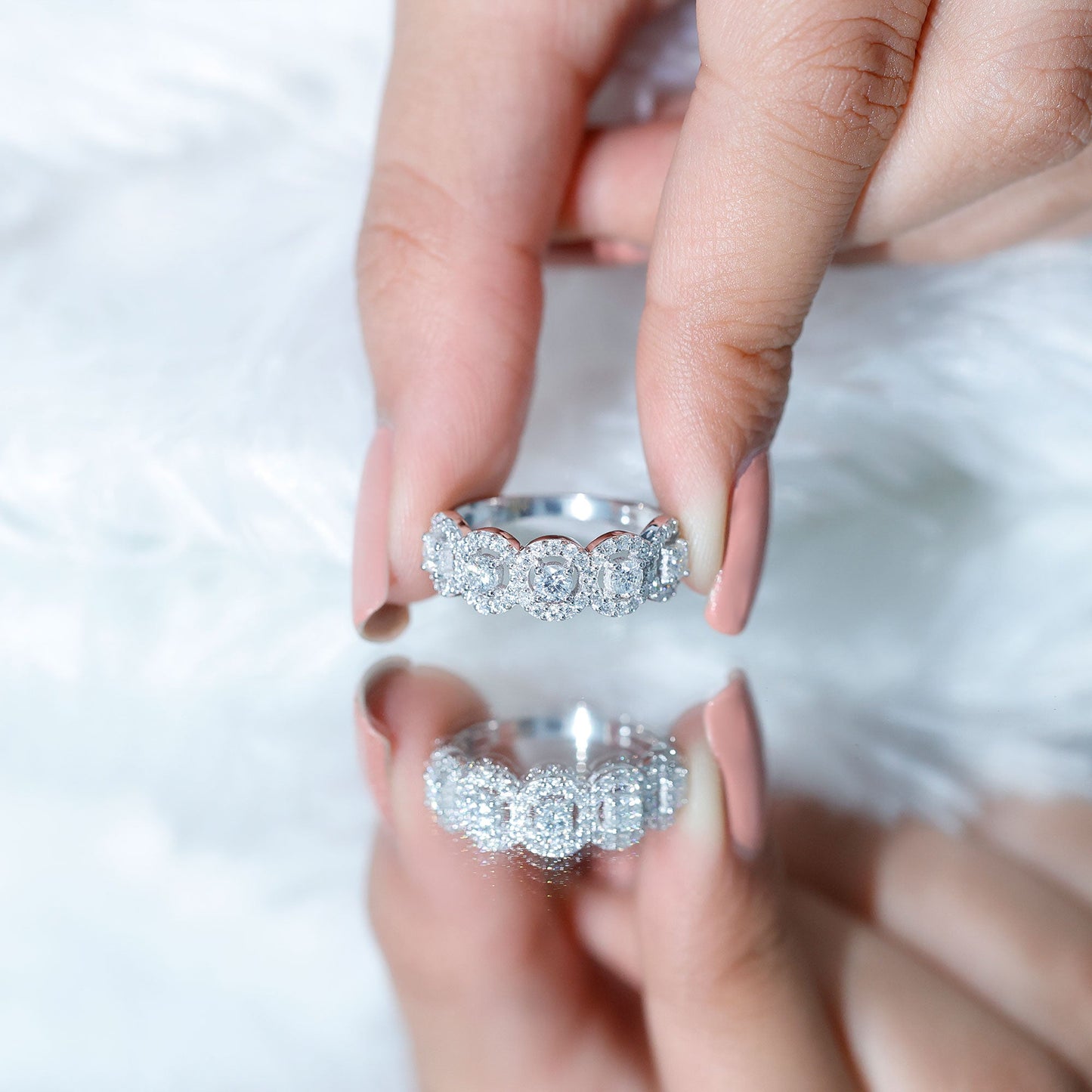 Certified Round Cut Moissanite Halo Classic Band Ring