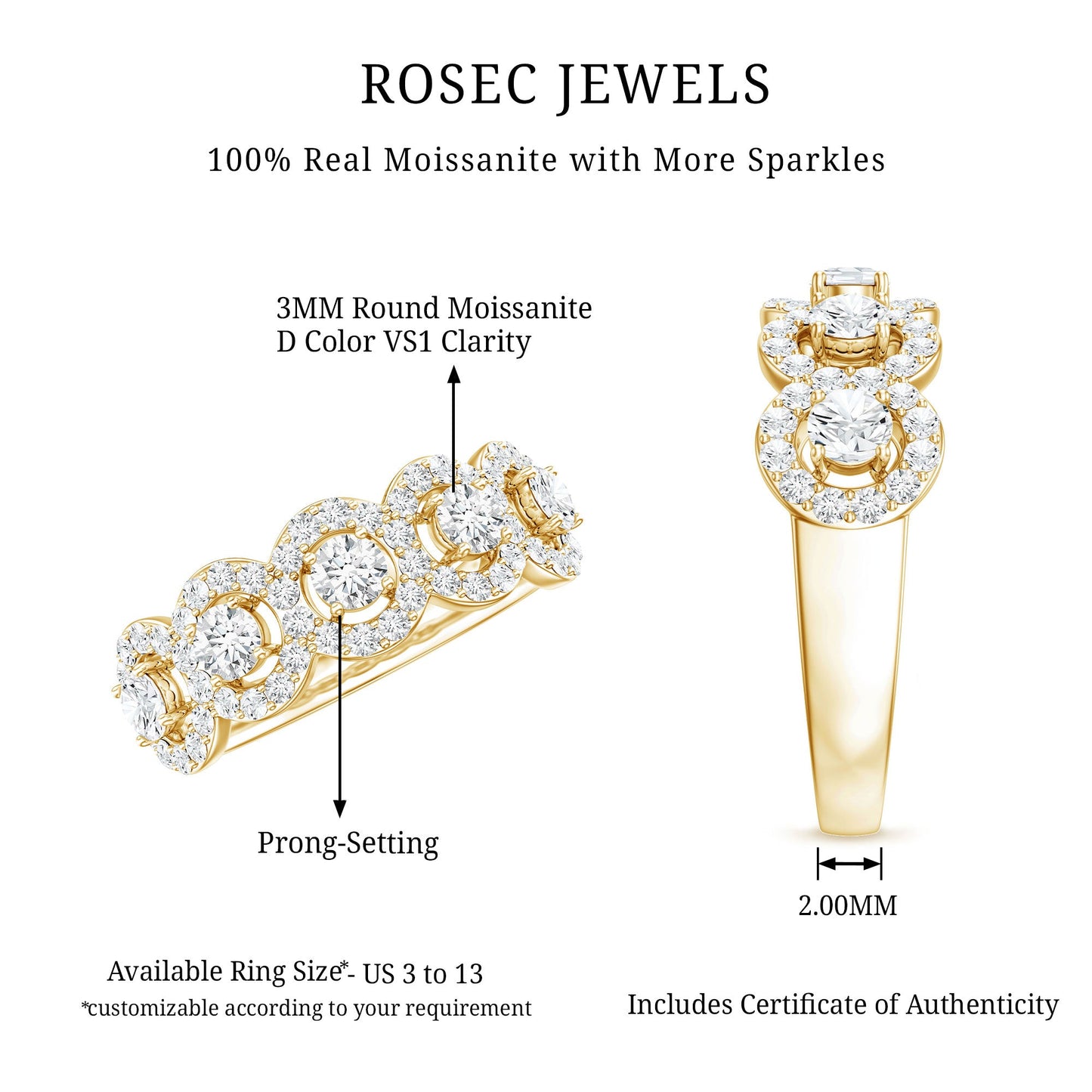 Certified Round Cut Moissanite Halo Classic Band Ring