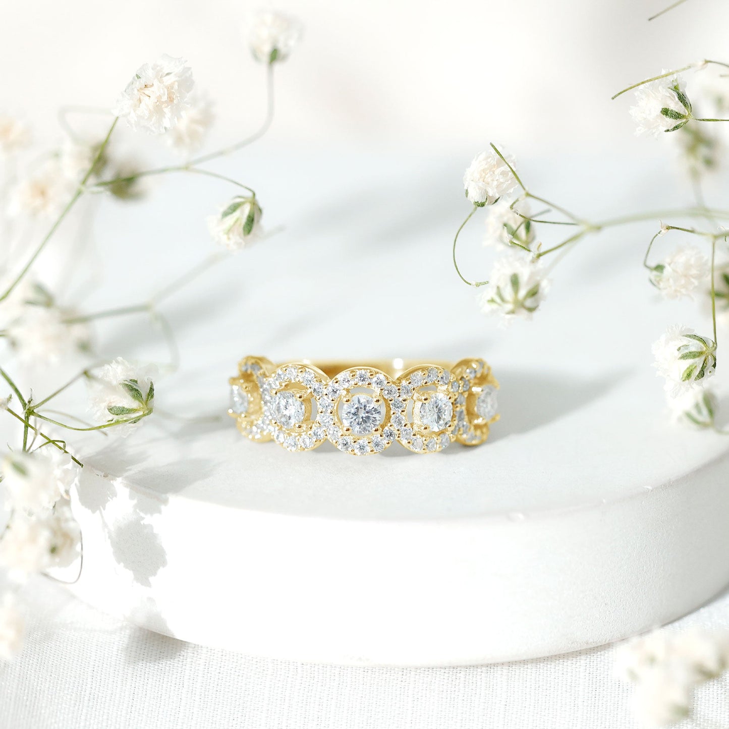 Certified Round Cut Moissanite Halo Classic Band Ring