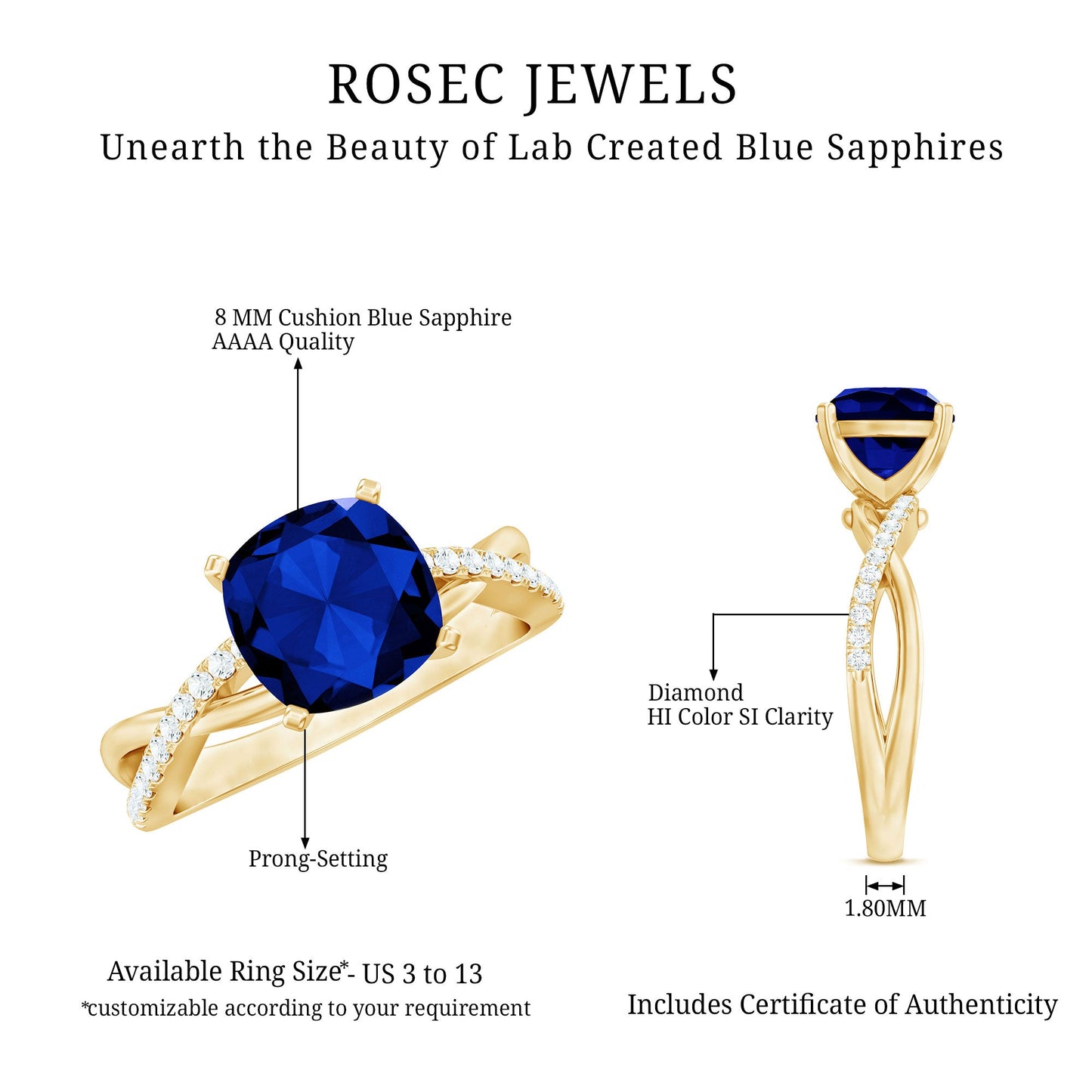 Certified 2.7 Carat Cushion Cut Lab Grown Blue Sapphire Engagement Ring with Diamond