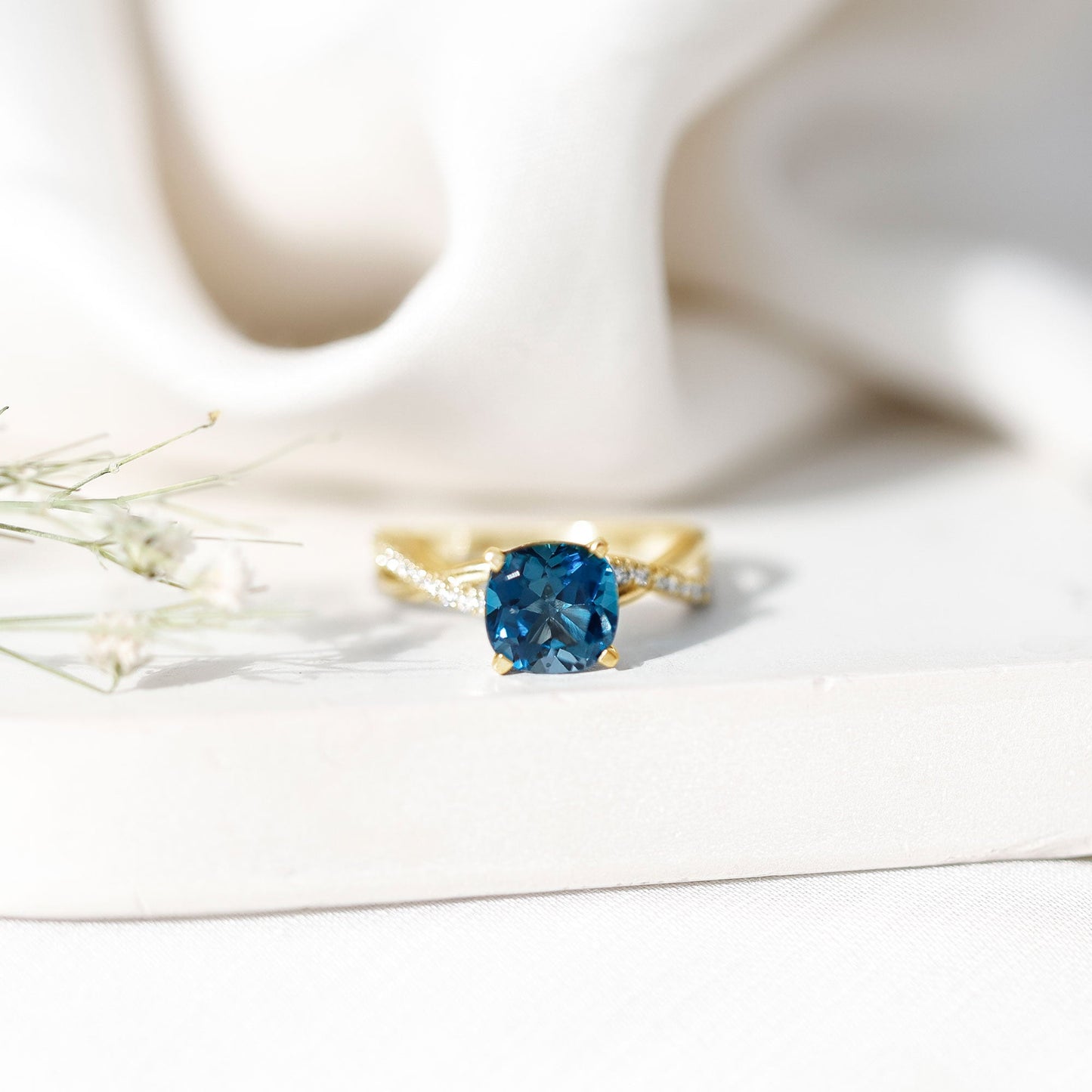 2.8 Carat Cushion Cut London Blue Topaz Solitaire Engagement Ring with Diamond Crossover Shank