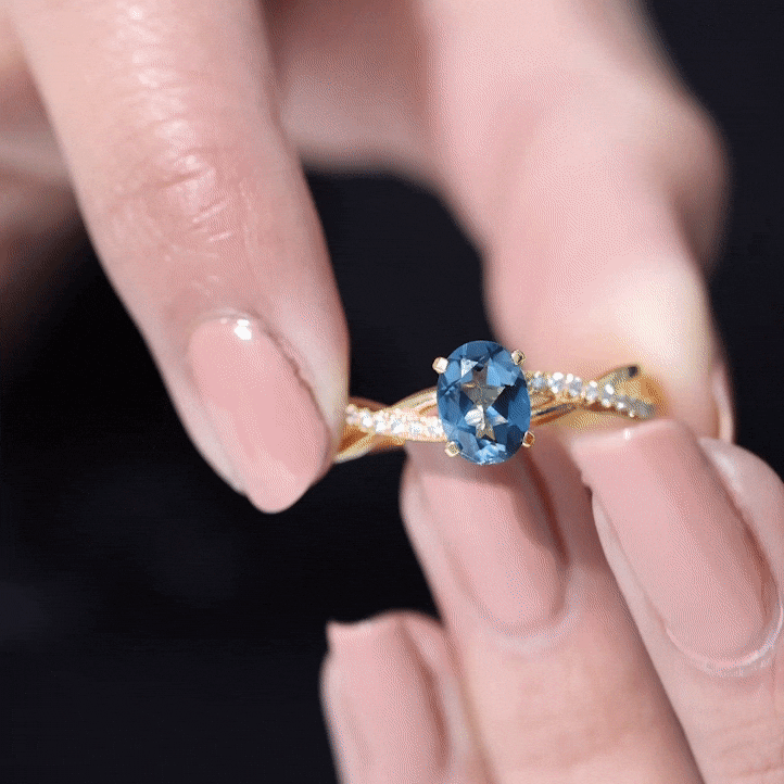 1 Carat Oval Cut London Blue Topaz Solitaire Engagement Ring with Diamond Spiral Shank