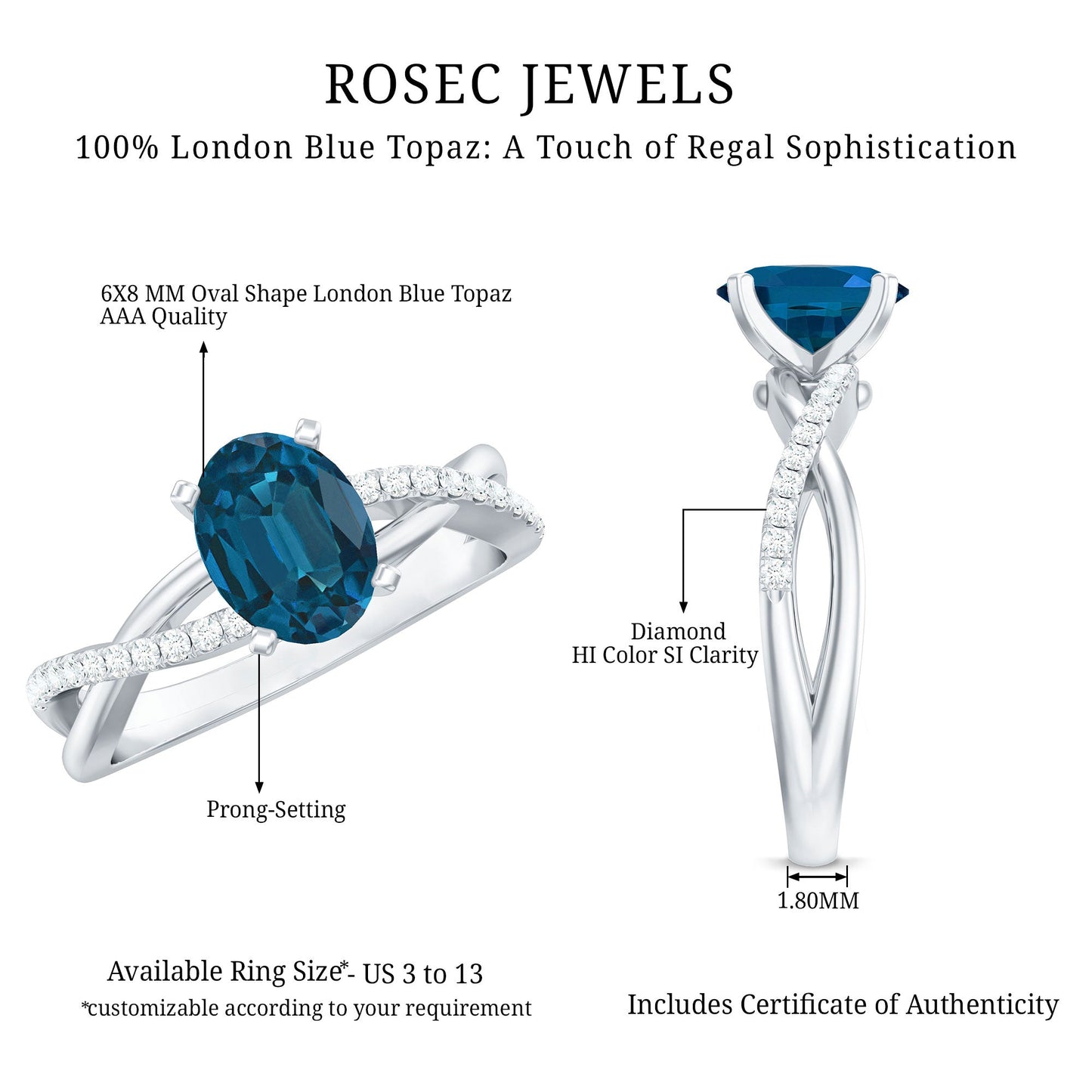 1 Carat Oval Cut London Blue Topaz Solitaire Engagement Ring with Diamond Spiral Shank