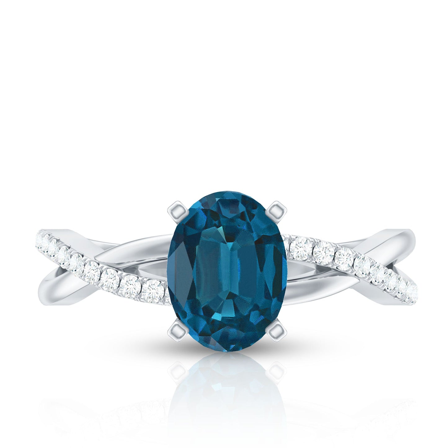 1 Carat Oval Cut London Blue Topaz Solitaire Engagement Ring with Diamond Spiral Shank