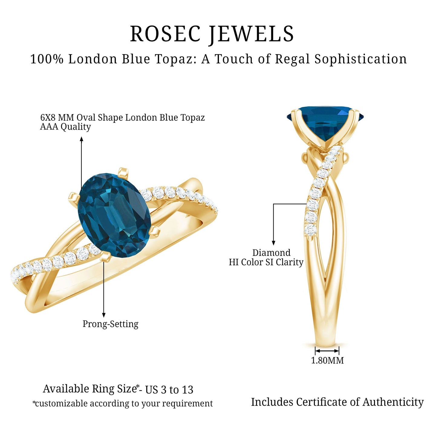 1 Carat Oval Cut London Blue Topaz Solitaire Engagement Ring with Diamond Spiral Shank