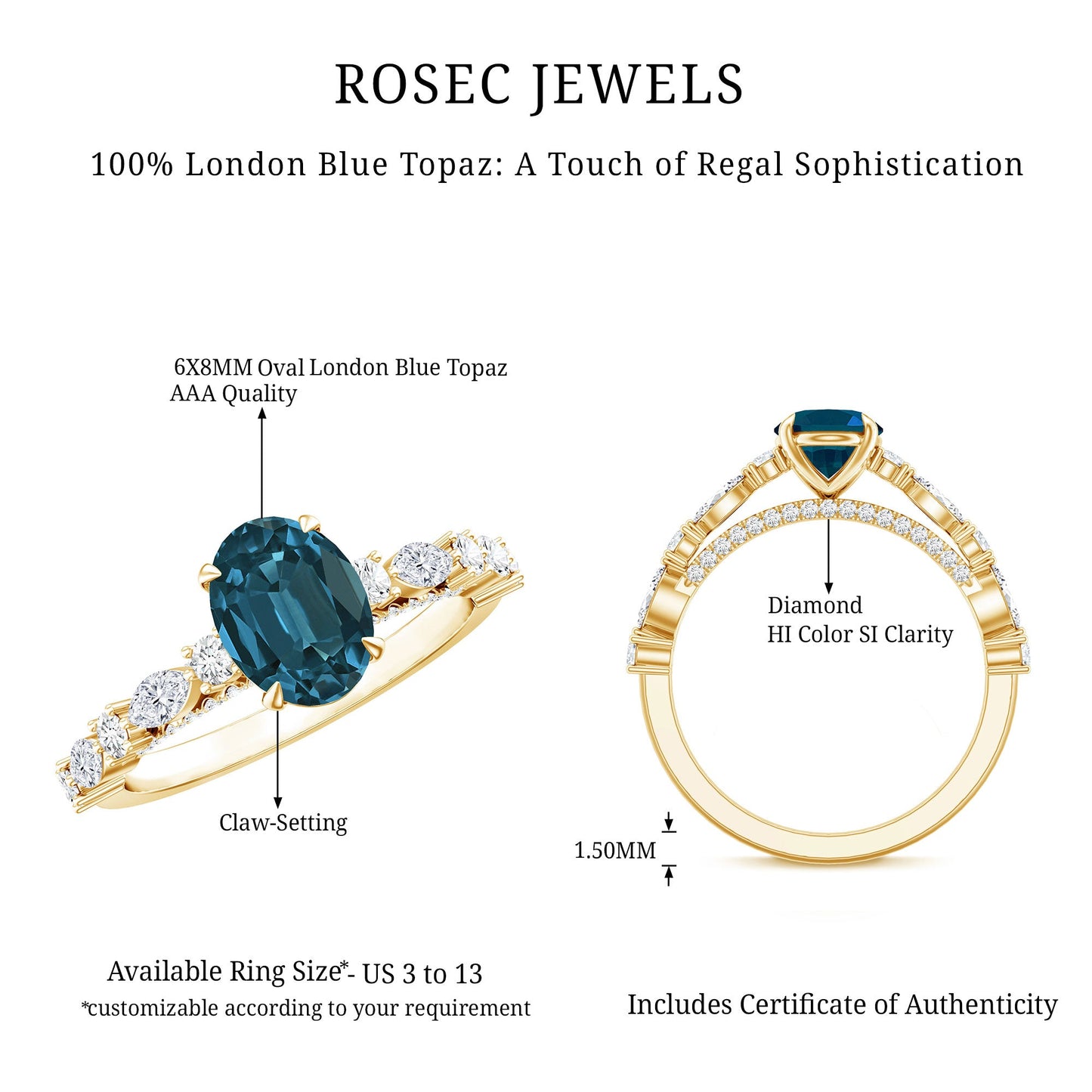 1 Carat Oval Cut London Blue Topaz Engagement Ring with Diamond Accent