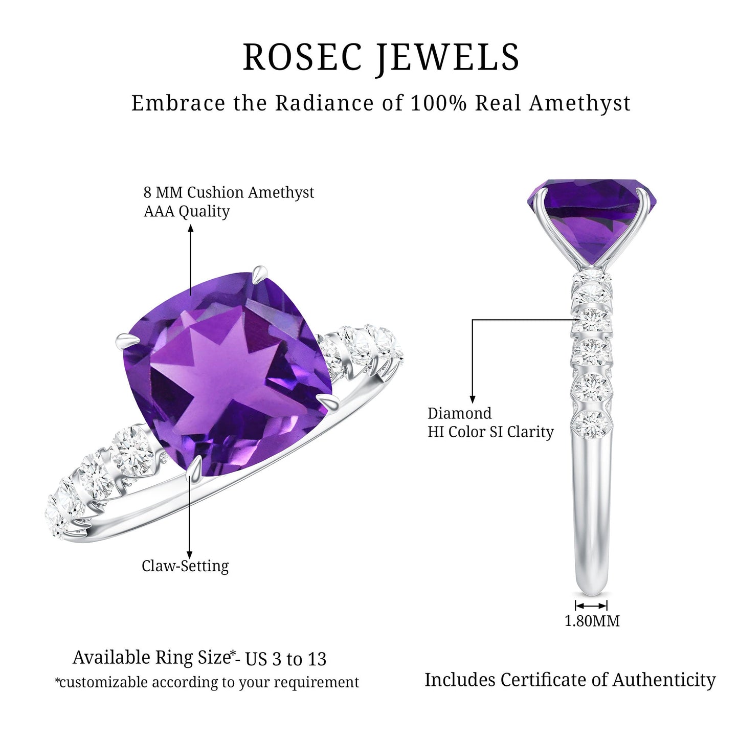 2 Carat Amethyst Cushion Cut Engagement Ring with Diamond