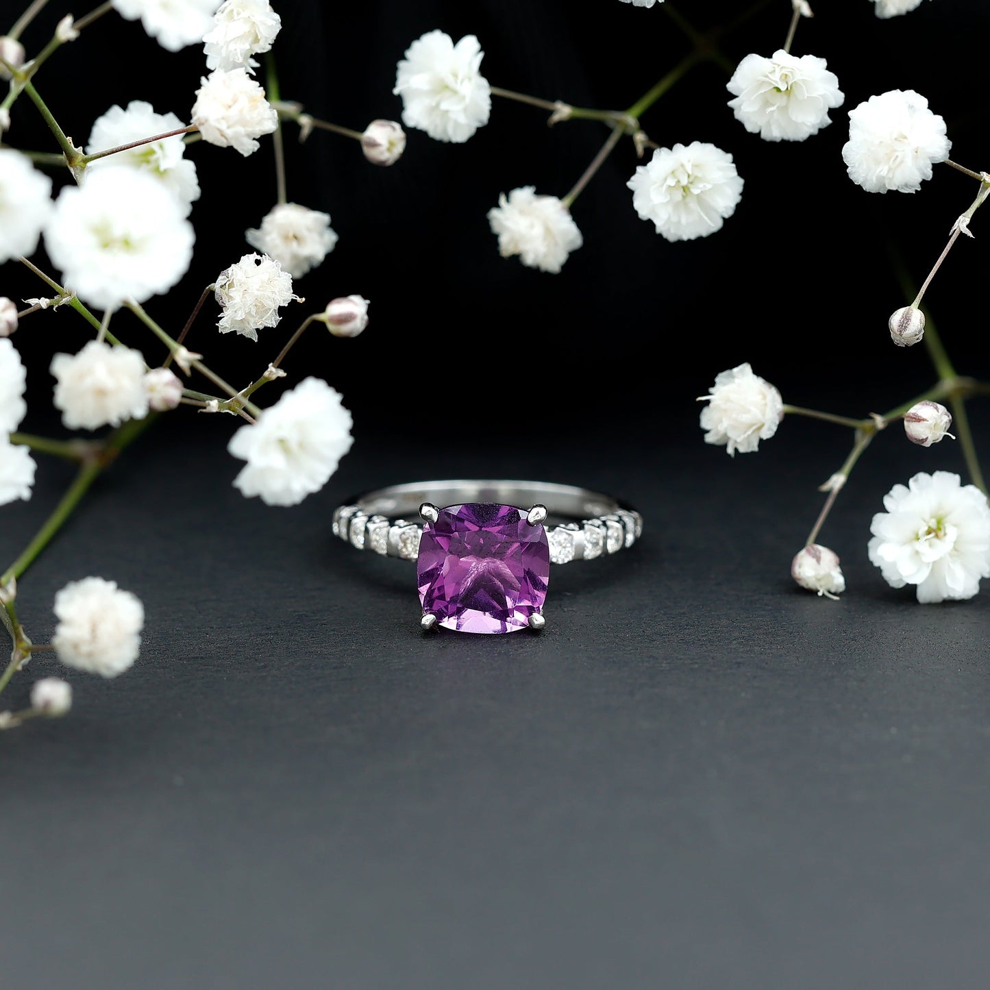 2 Carat Amethyst Cushion Cut Engagement Ring with Diamond