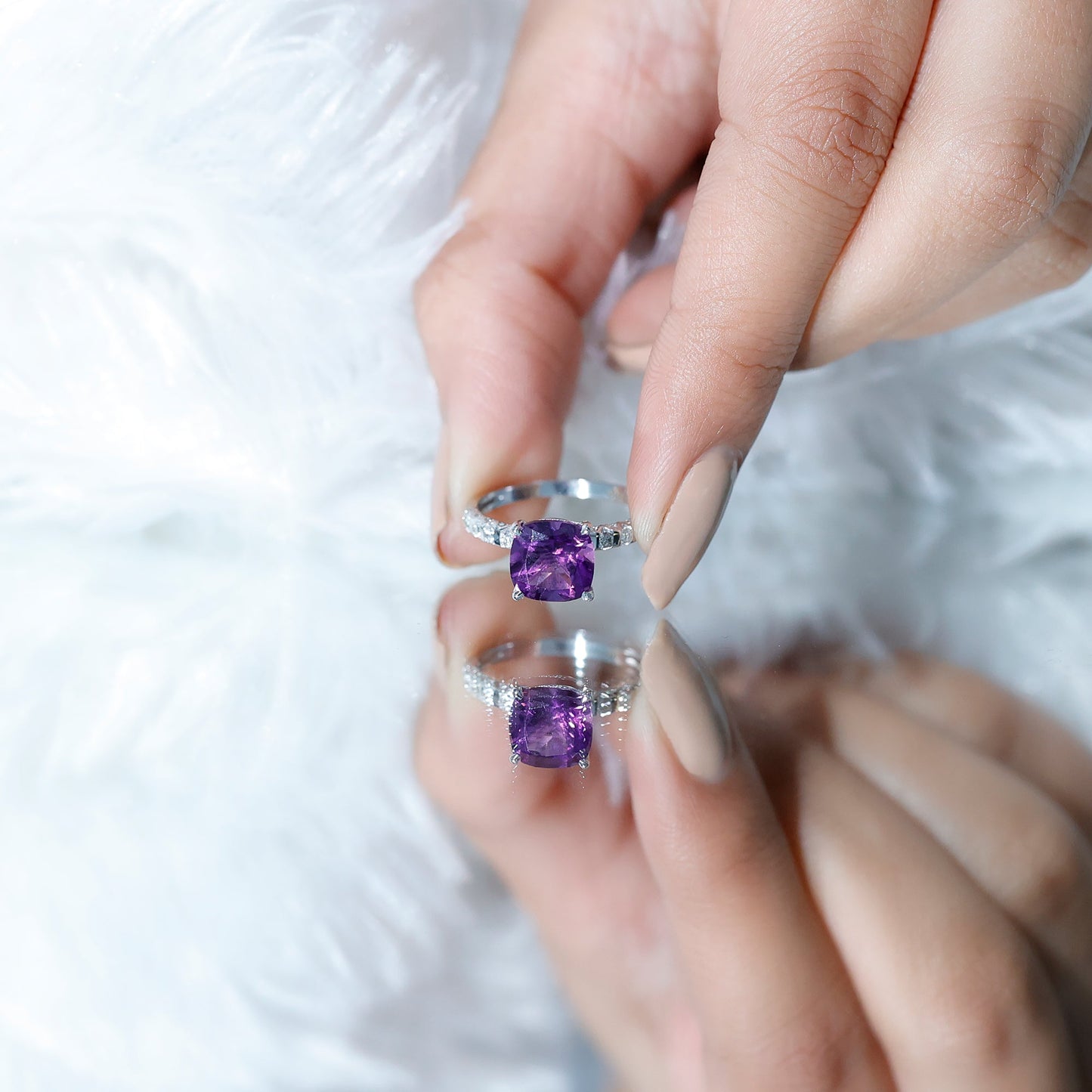 2 Carat Amethyst Cushion Cut Engagement Ring with Diamond