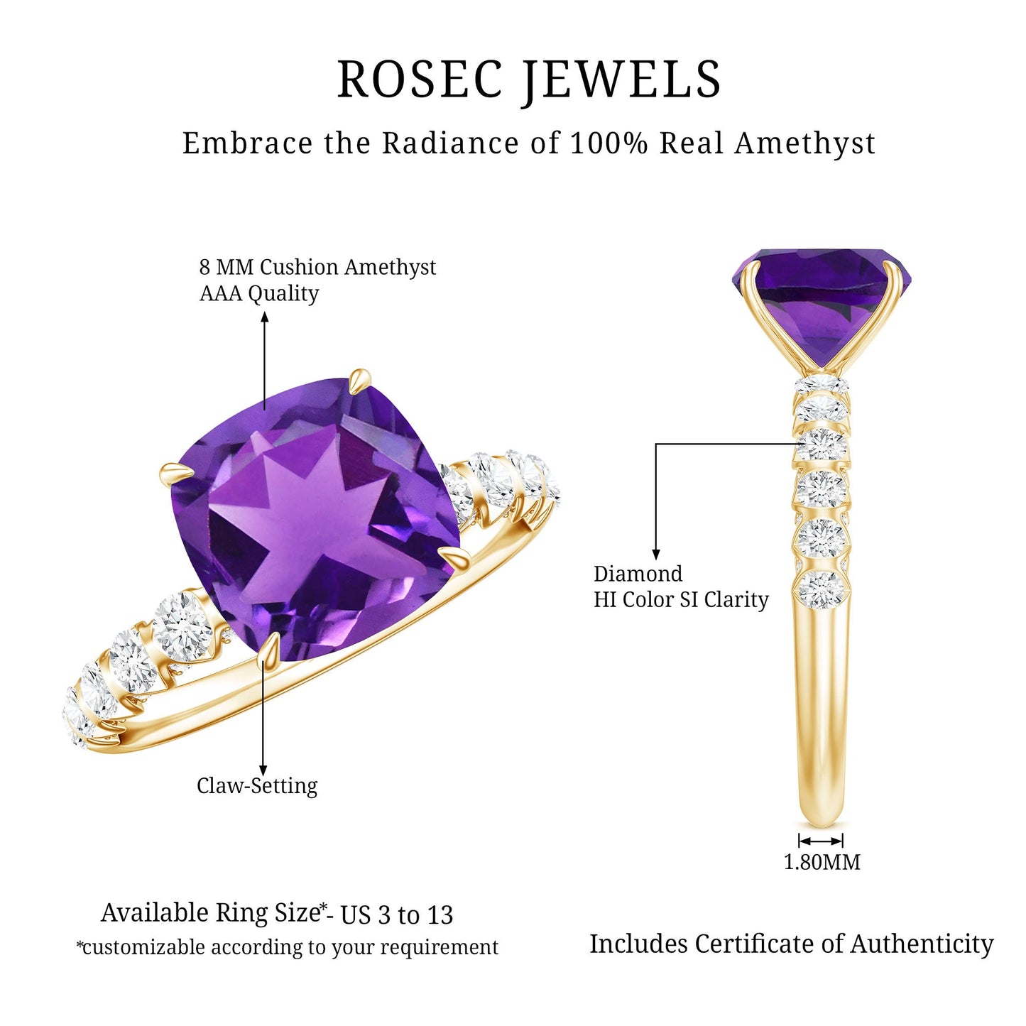 2 Carat Amethyst Cushion Cut Engagement Ring with Diamond