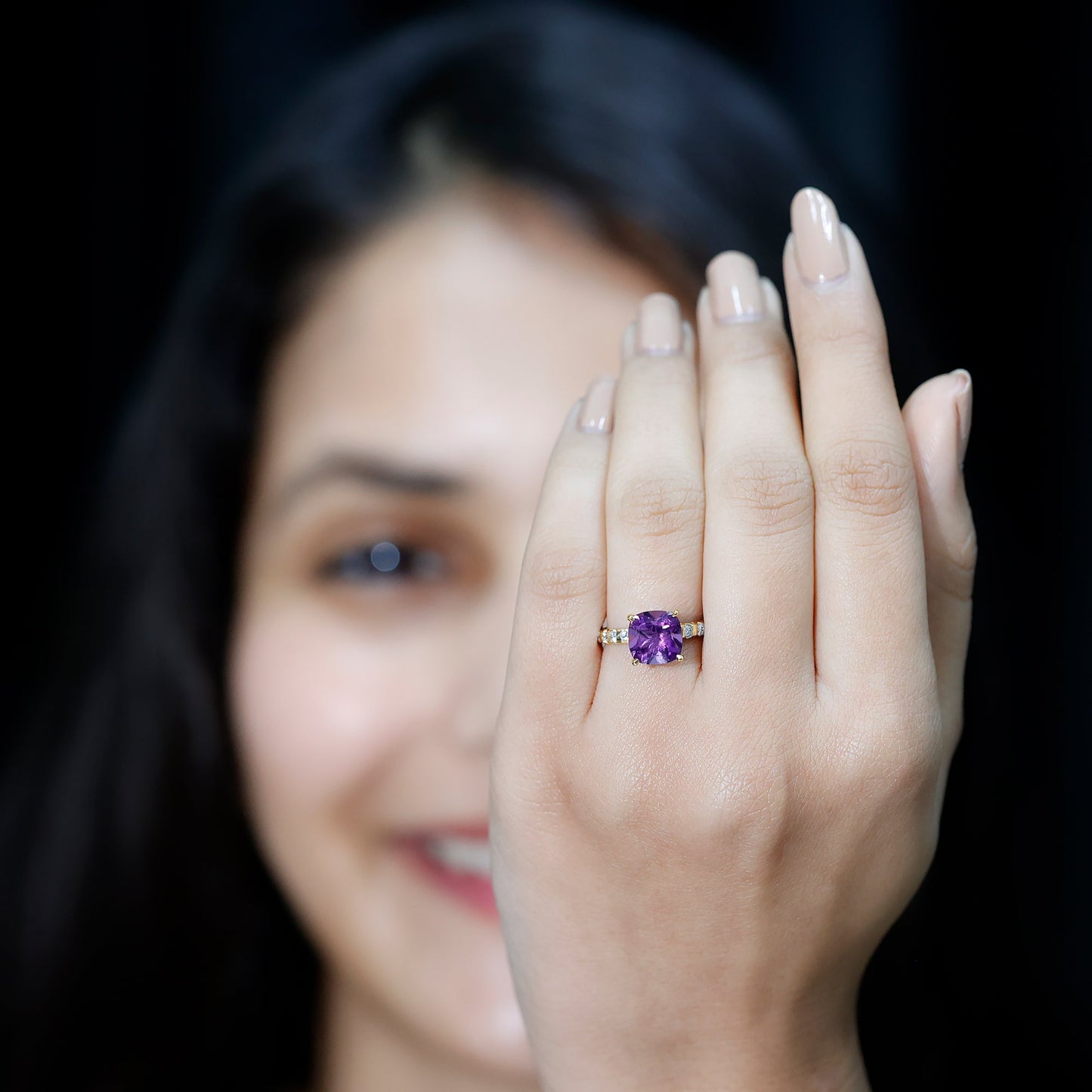 2 Carat Amethyst Cushion Cut Engagement Ring with Diamond