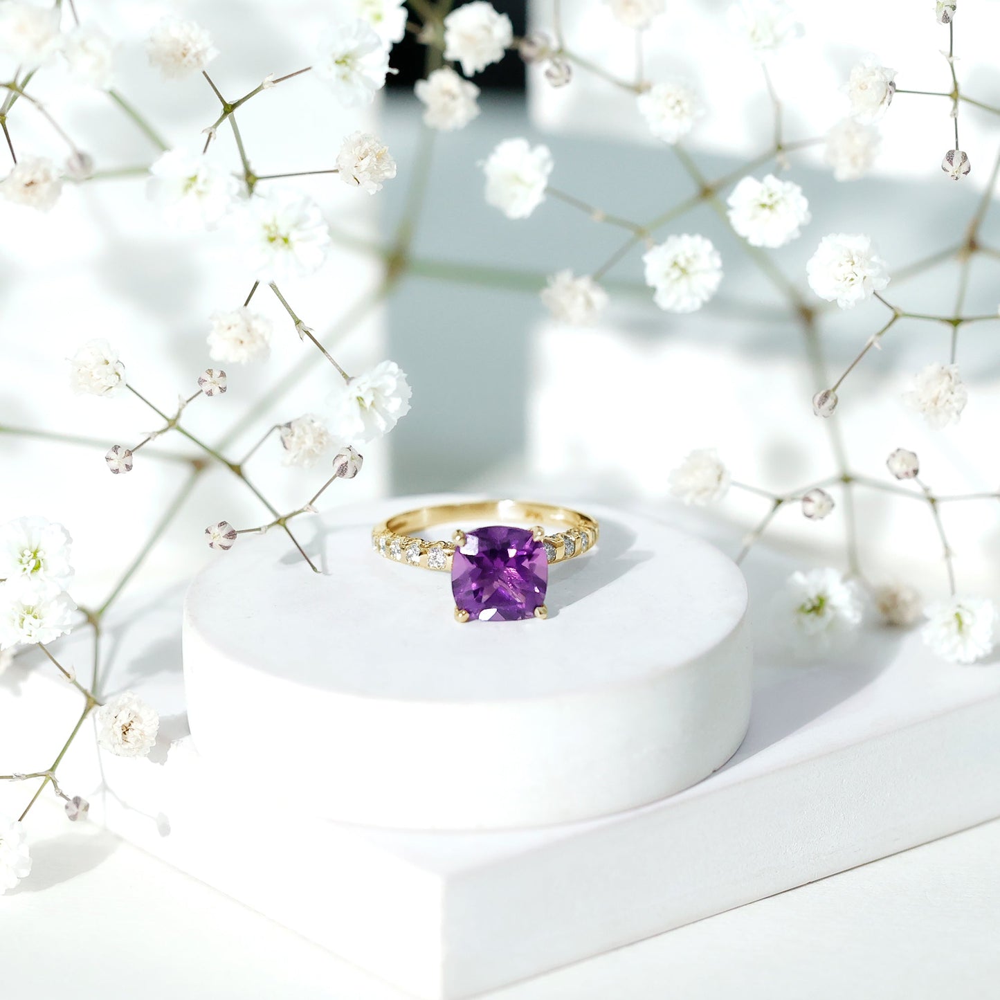 2 Carat Amethyst Cushion Cut Engagement Ring with Diamond