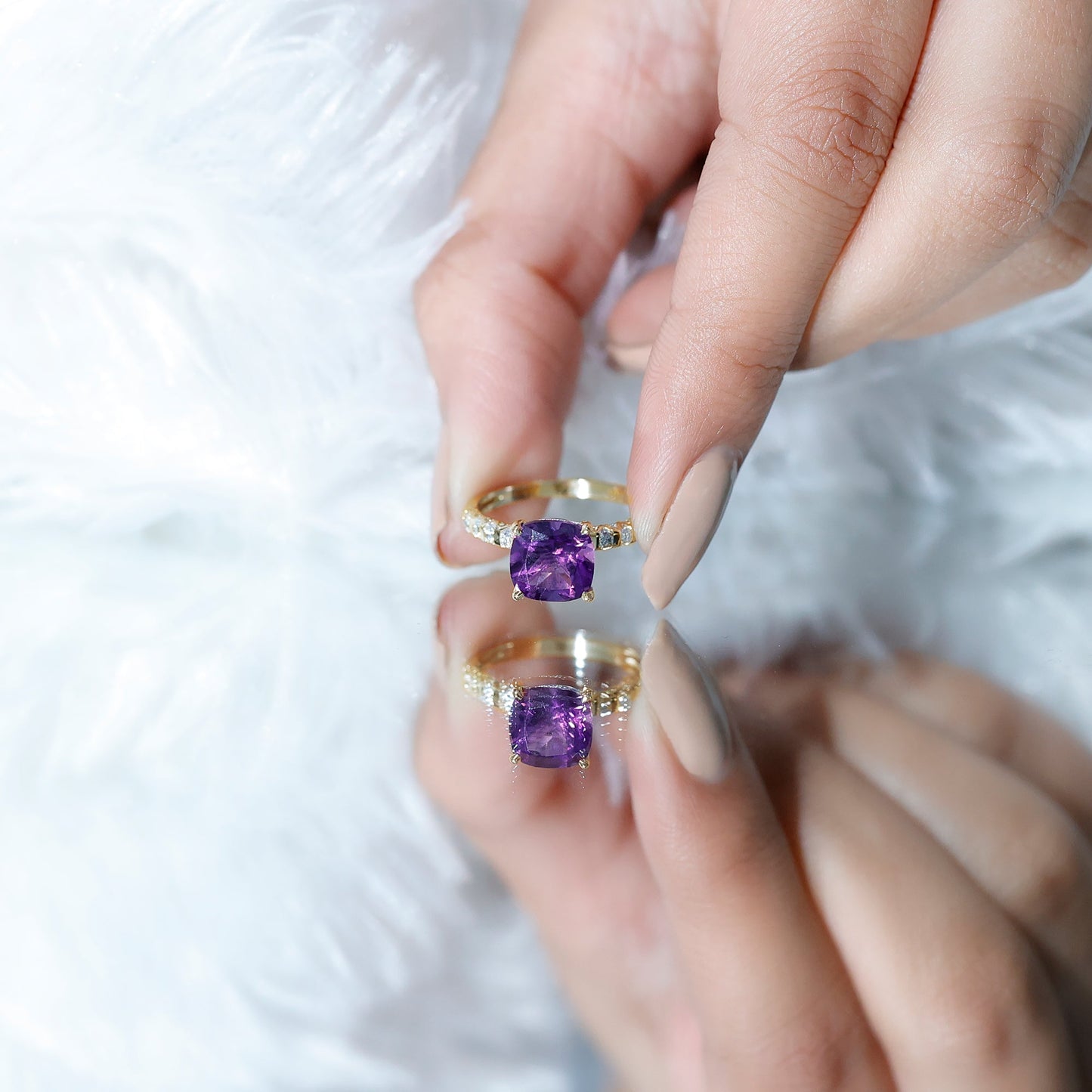 2 Carat Amethyst Cushion Cut Engagement Ring with Diamond