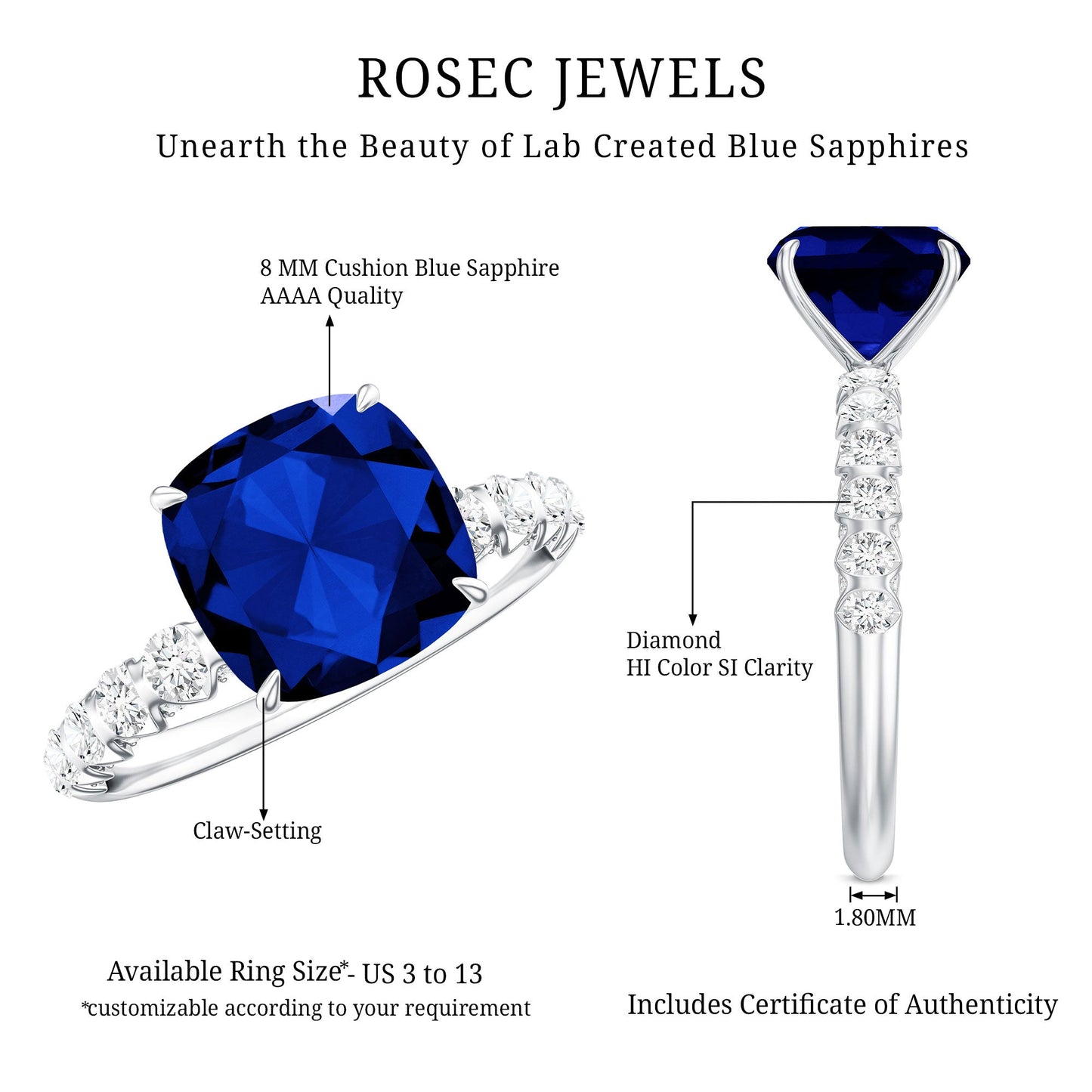 Classic 2.75 Carat Lab Grown Blue Sapphire Cushion Cut Engagement Ring with Diamond