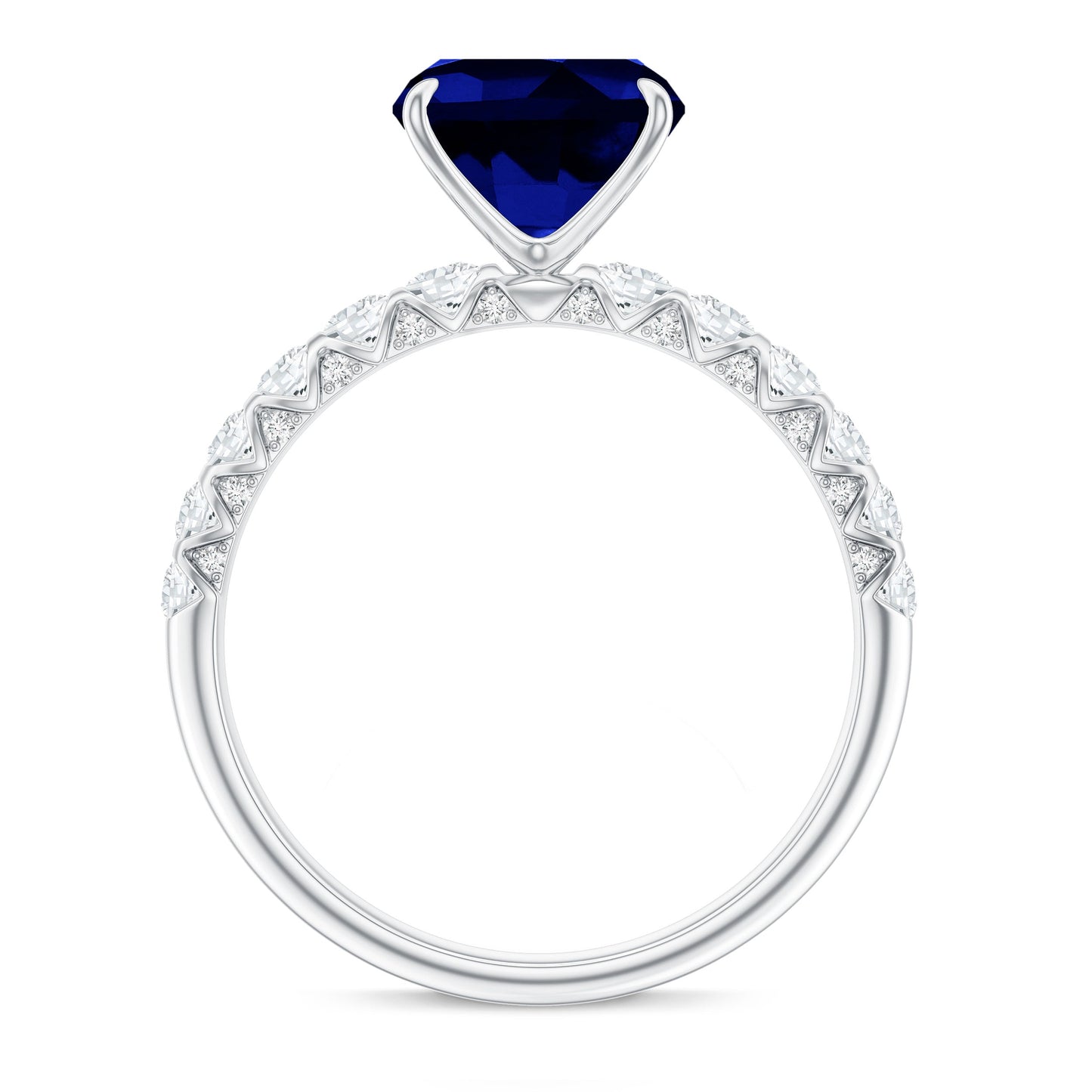 Classic 2.75 Carat Lab Grown Blue Sapphire Cushion Cut Engagement Ring with Diamond