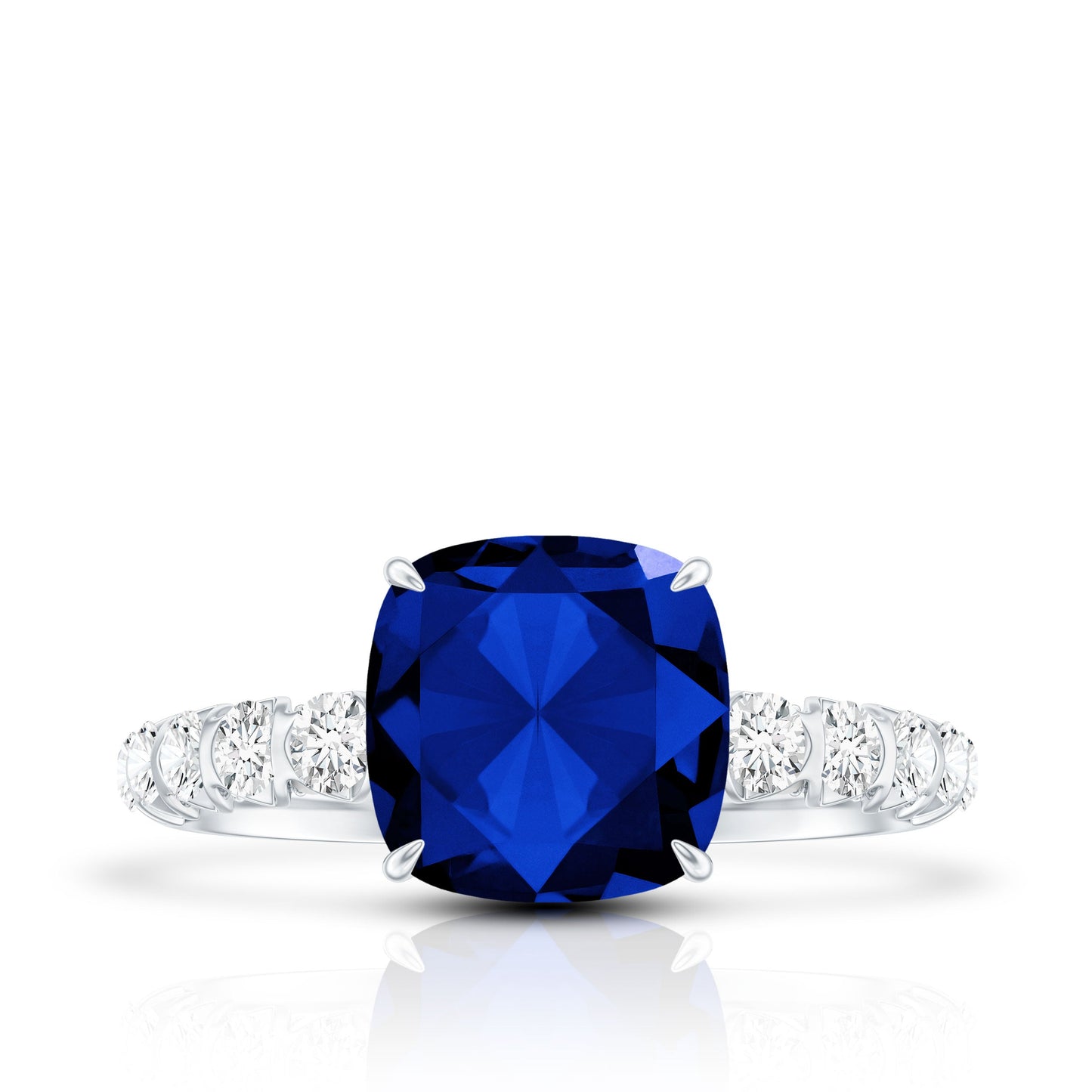 Classic 2.75 Carat Lab Grown Blue Sapphire Cushion Cut Engagement Ring with Diamond