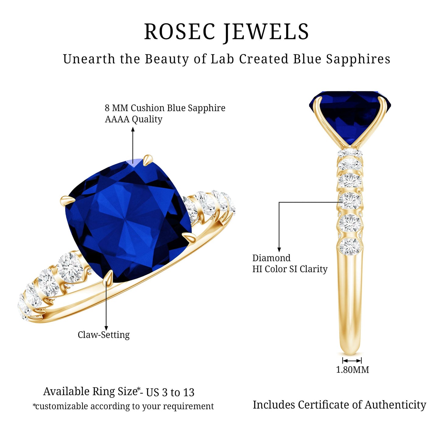 Classic 2.75 Carat Lab Grown Blue Sapphire Cushion Cut Engagement Ring with Diamond