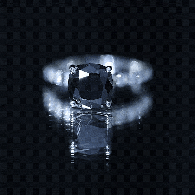 Cushion Cut Created Black Diamond and Diamond Solitaire Ring