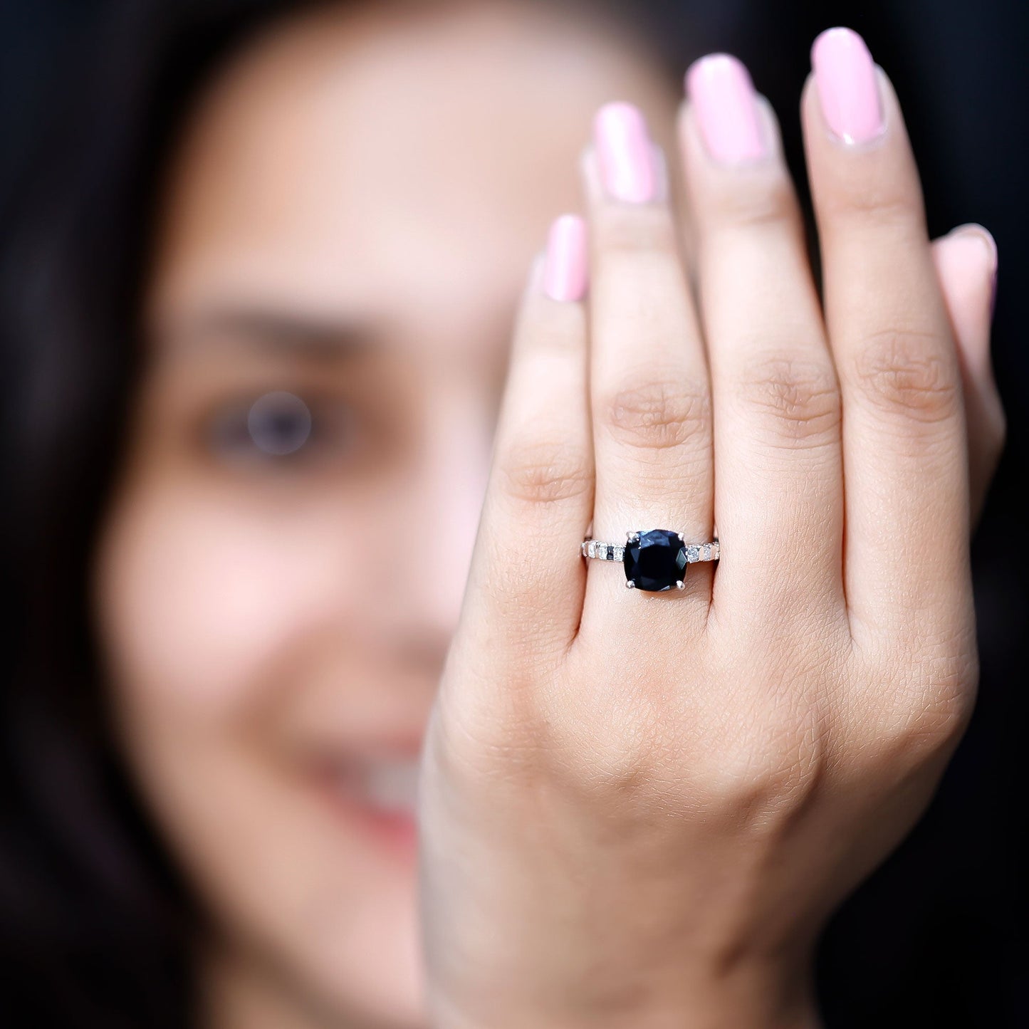 Cushion Cut Created Black Diamond and Diamond Solitaire Ring