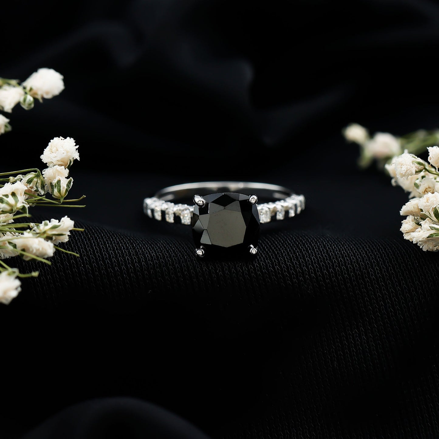 Cushion Cut Created Black Diamond and Diamond Solitaire Ring