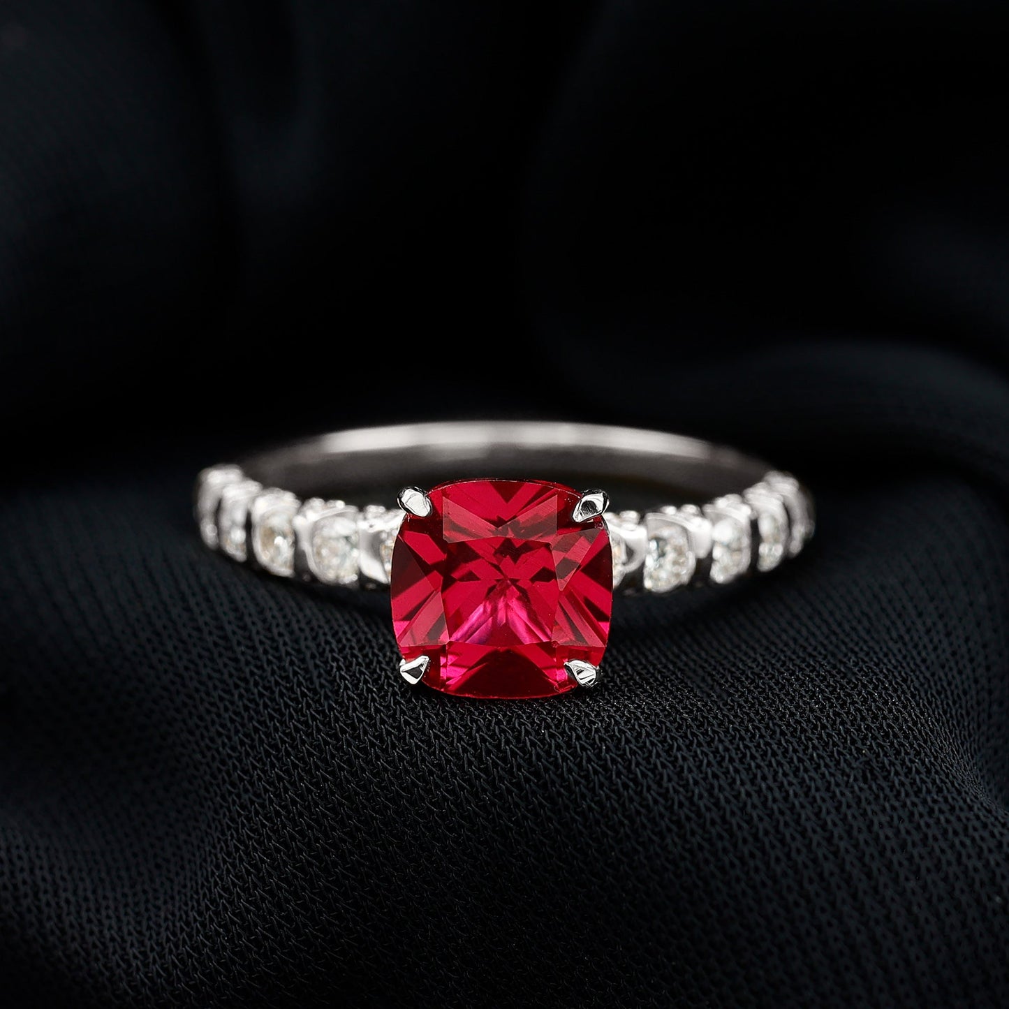 2 Carat Cushion Cut Lab Created Ruby Engagement Ring with Diamond Side Stones