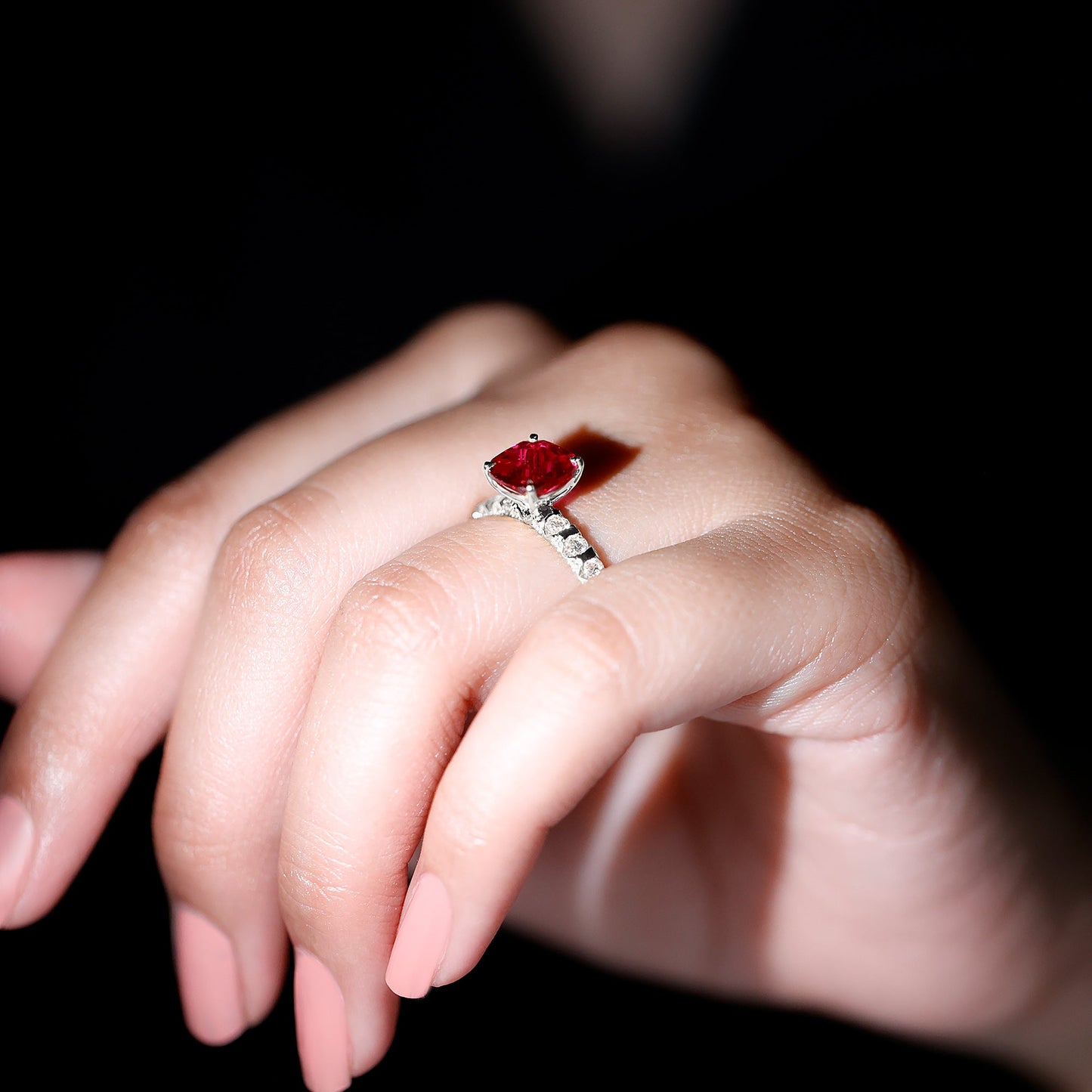 2 Carat Cushion Cut Lab Created Ruby Engagement Ring with Diamond Side Stones